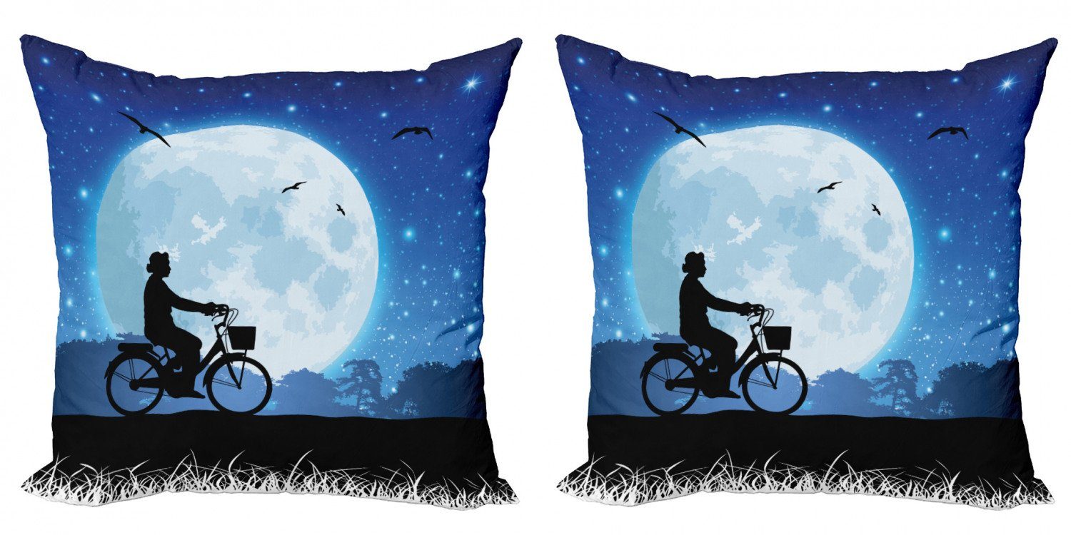 Kissenbezüge Modern Accent Doppelseitiger Digitaldruck, Abakuhaus (2 Stück), Mond Person fährt Fahrrad Nacht