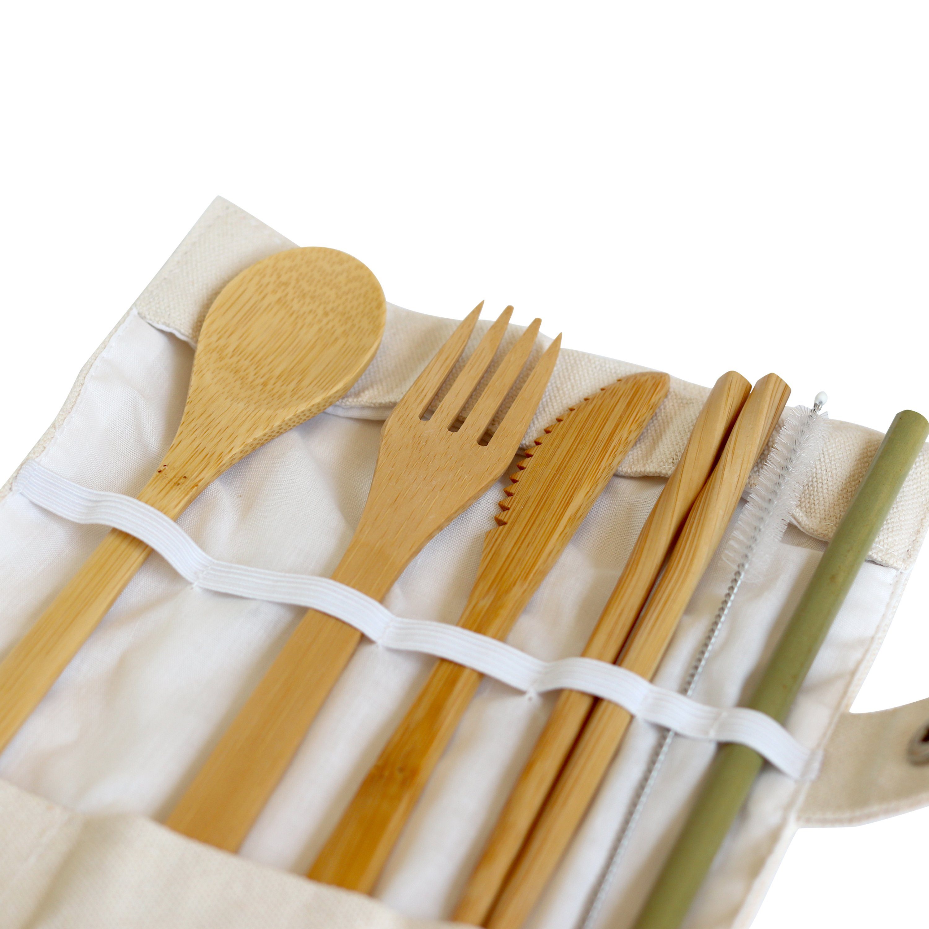 pandoo Besteck-Set Bambus Picknick und Reise Besteck-Set (6-tlg), 2 Personen, Bambus, Baumwolle