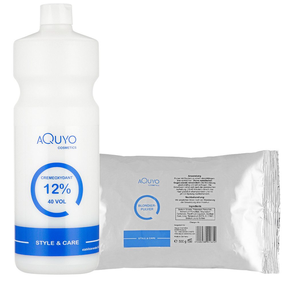 AQUYO Cosmetics Haarfarbe Blondierpulver 500g + Creme Oxydant Entwickler 12%, Set