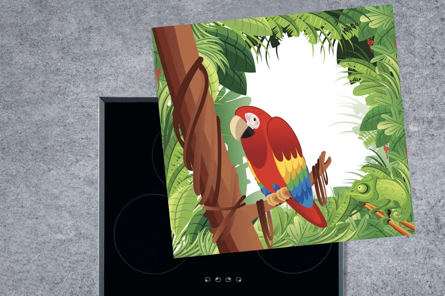 Regenwald, küche Illustration Papageis eines MuchoWow Ceranfeldabdeckung, (1 für Vinyl, Eine im Herdblende-/Abdeckplatte Arbeitsplatte cm, tlg), 78x78