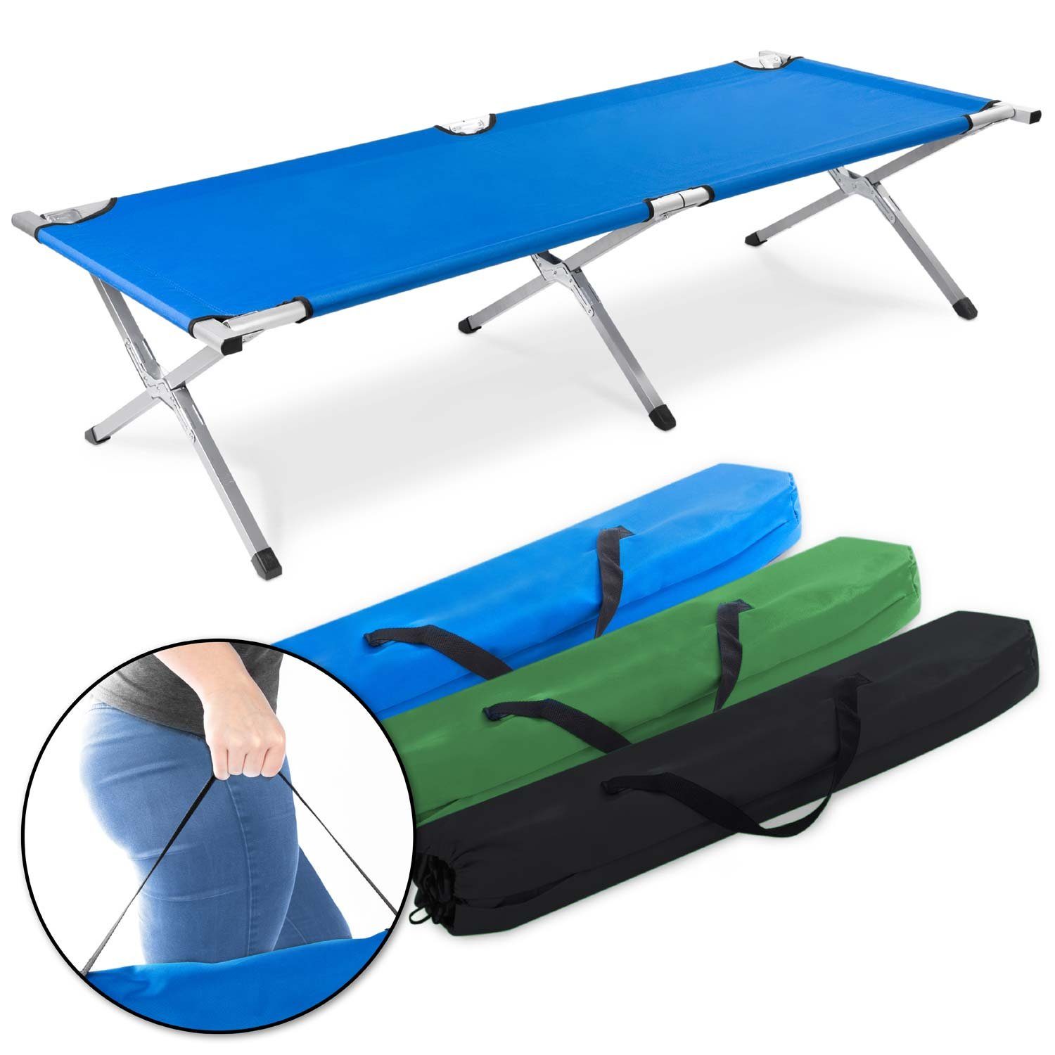 Aluminium aus Blau Army-Bett Klappbett) Gästebett Goods+Gadgets (Campingbett, Faltbares Feldbett