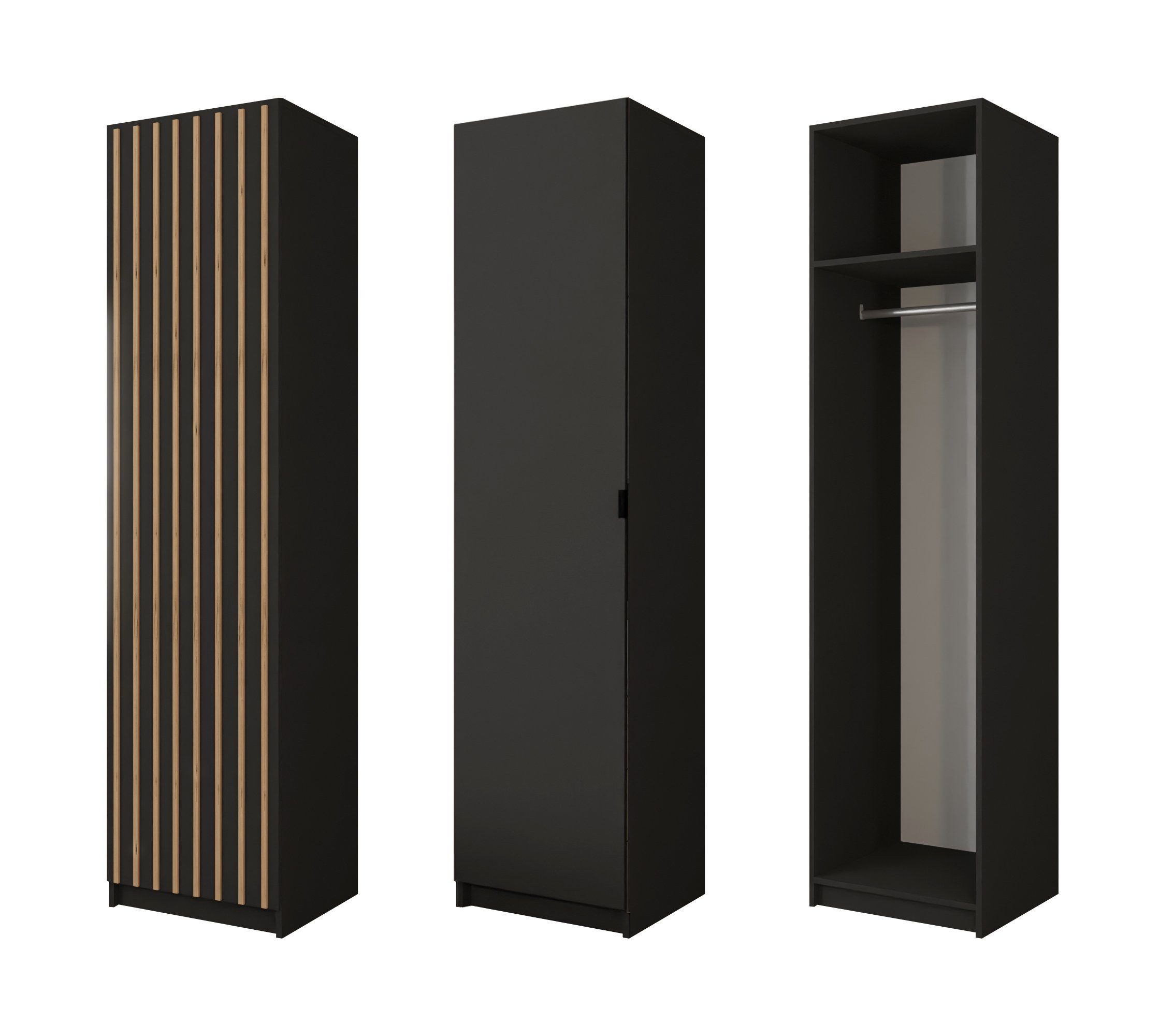 MOEBLO Schrankmodule XANO (mit Lamellen, mit Spiegel, mit Schubladen, schwarz + wotan latten/schwarz/schwarz+votan+Spiegel, modularer Kleiderschrank, universelle Flügeltüren) (H x B x T): 216 x 50 x 57 cm