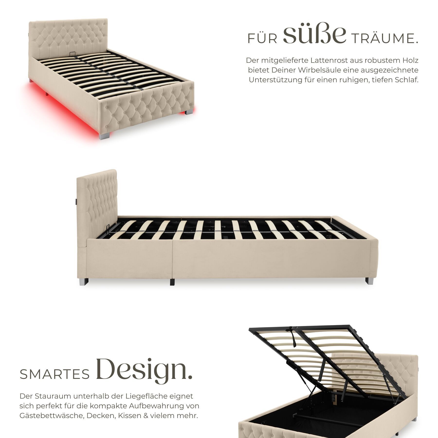 tectake Polsterbett Komfortbett mit LED-Leisten & Stauraum - Samtoptik mit Steppmuster (Bettset, in Samtoptik Sand), stabiler Stahlrahmen, Belastbarkeit 200 kg – Bild 5 von 5