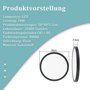 ZMH LED Deckenleuchte Schwarz/Weiß Rund Deckenlampe 24W Flach für Flur Wohnzimmer, LED fest integriert, 4000k, Ø30CM, Badezimmer, für Bad Küche, Schwarz