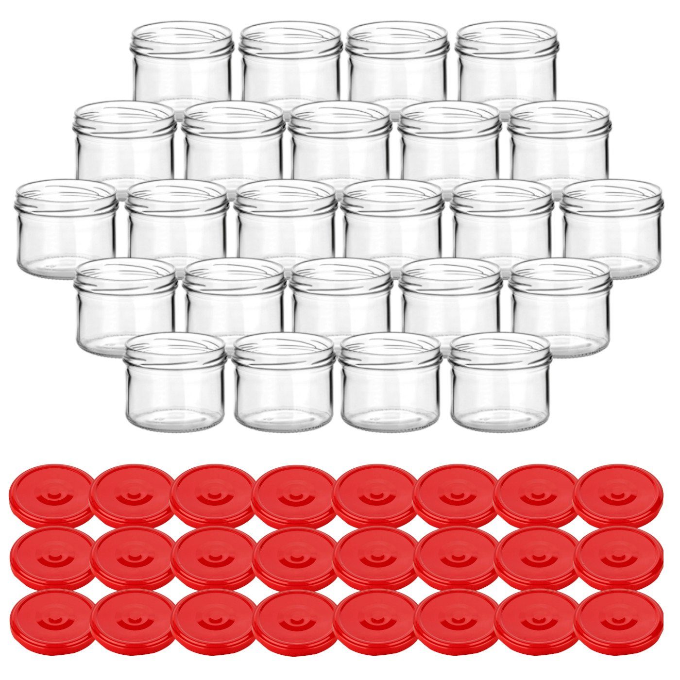 gouveo Einmachglas Vorratsgläser 230 ml rund mit Schraubverschluss TO 82, (24 Stück, Rot), Gläser für Selbstgemachtes, Marmelade, Wurst