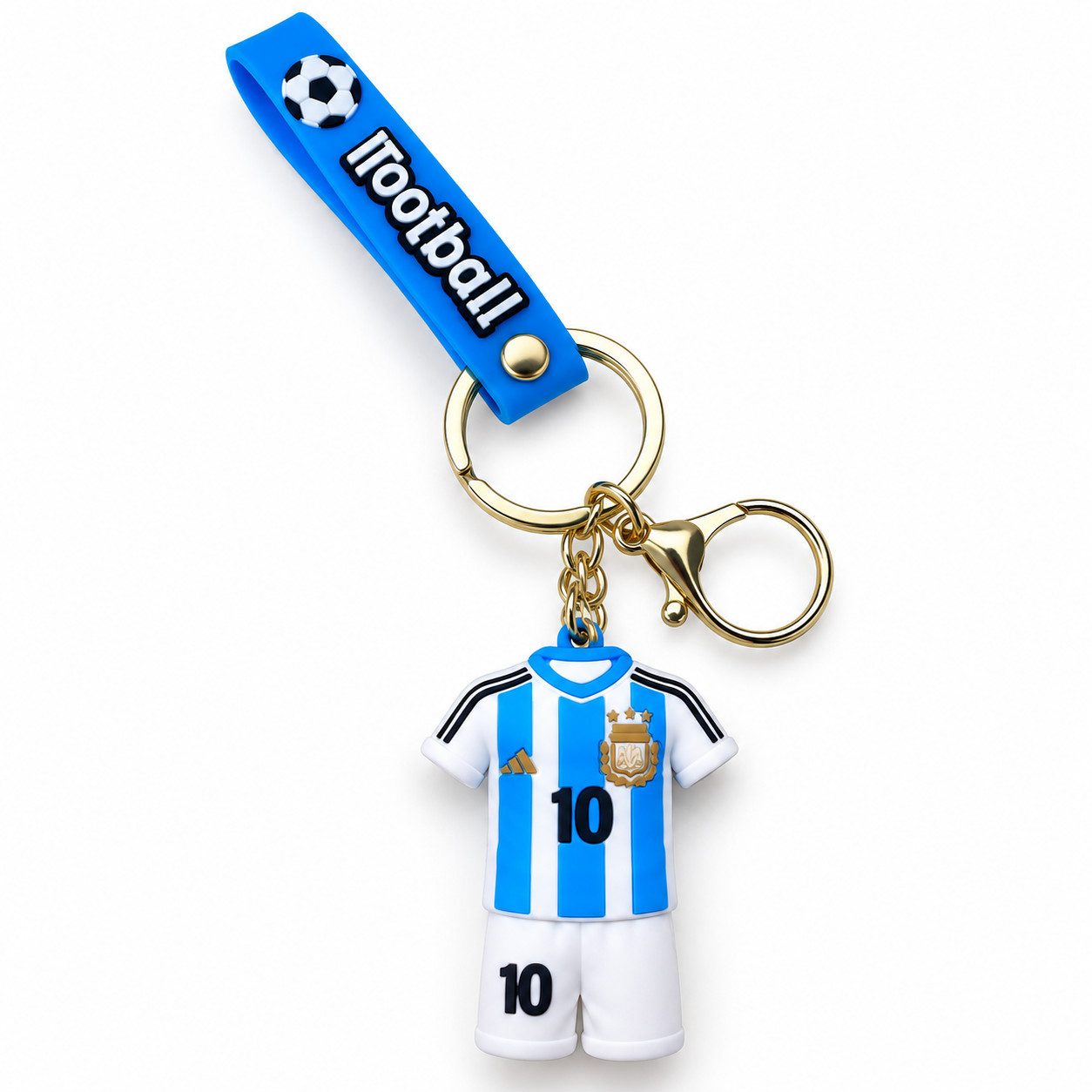 GOLDIA GMBH Schlüsselanhänger Messi Trikot Schlüsselanhänger Nr.10 Fußball Anhänger Schlüsselband (Set, 1-tlg., Geschenk-Set), 3D Fußballfigur Nr. 10 mit Schlüsselband und Karabiner Geschenkidee