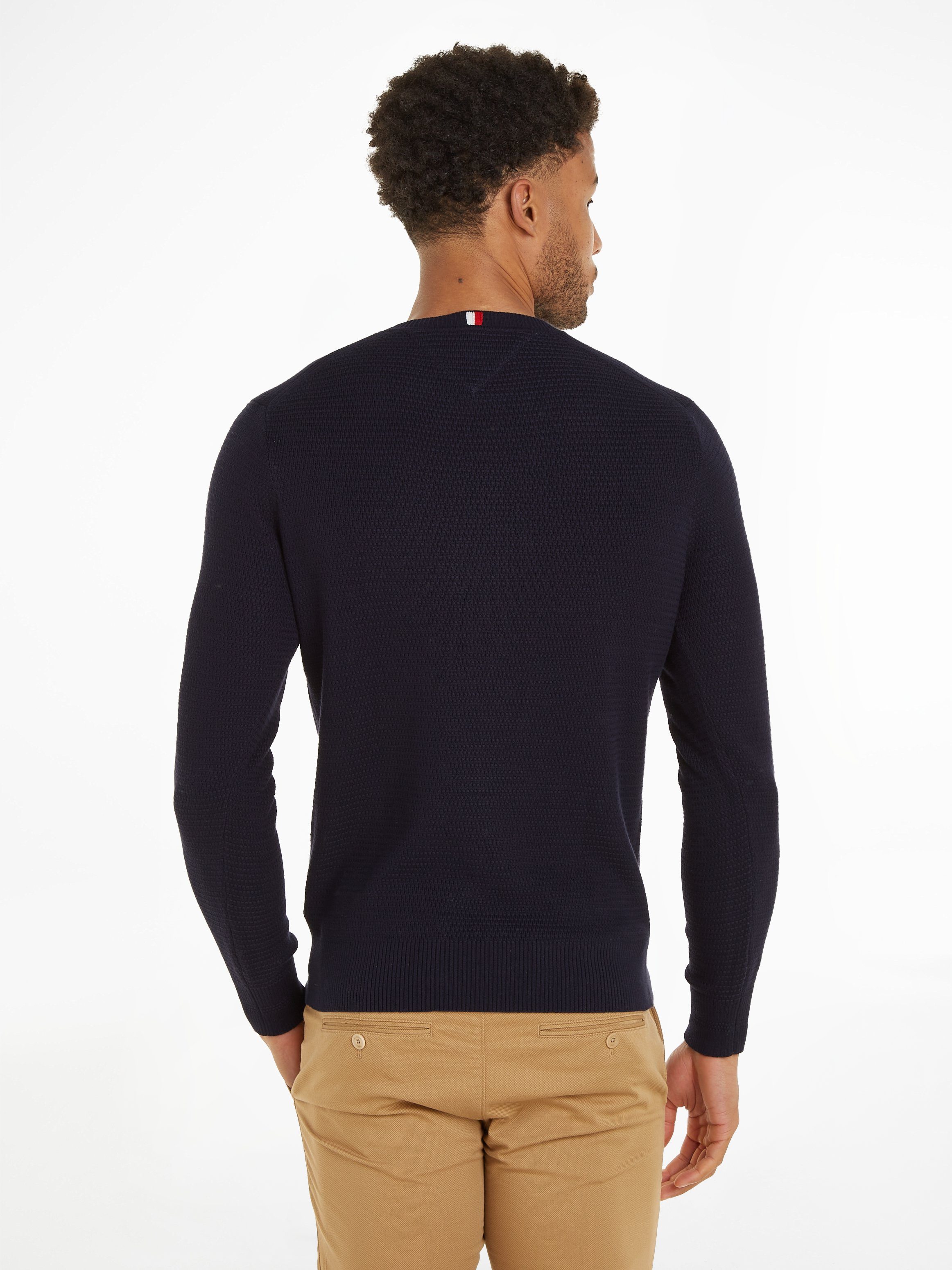 Sky Rundhalspullover STRUCTURE mit INTERLACED NECK CREW Hilfiger Desert Tommy Strukturmuster kleinem