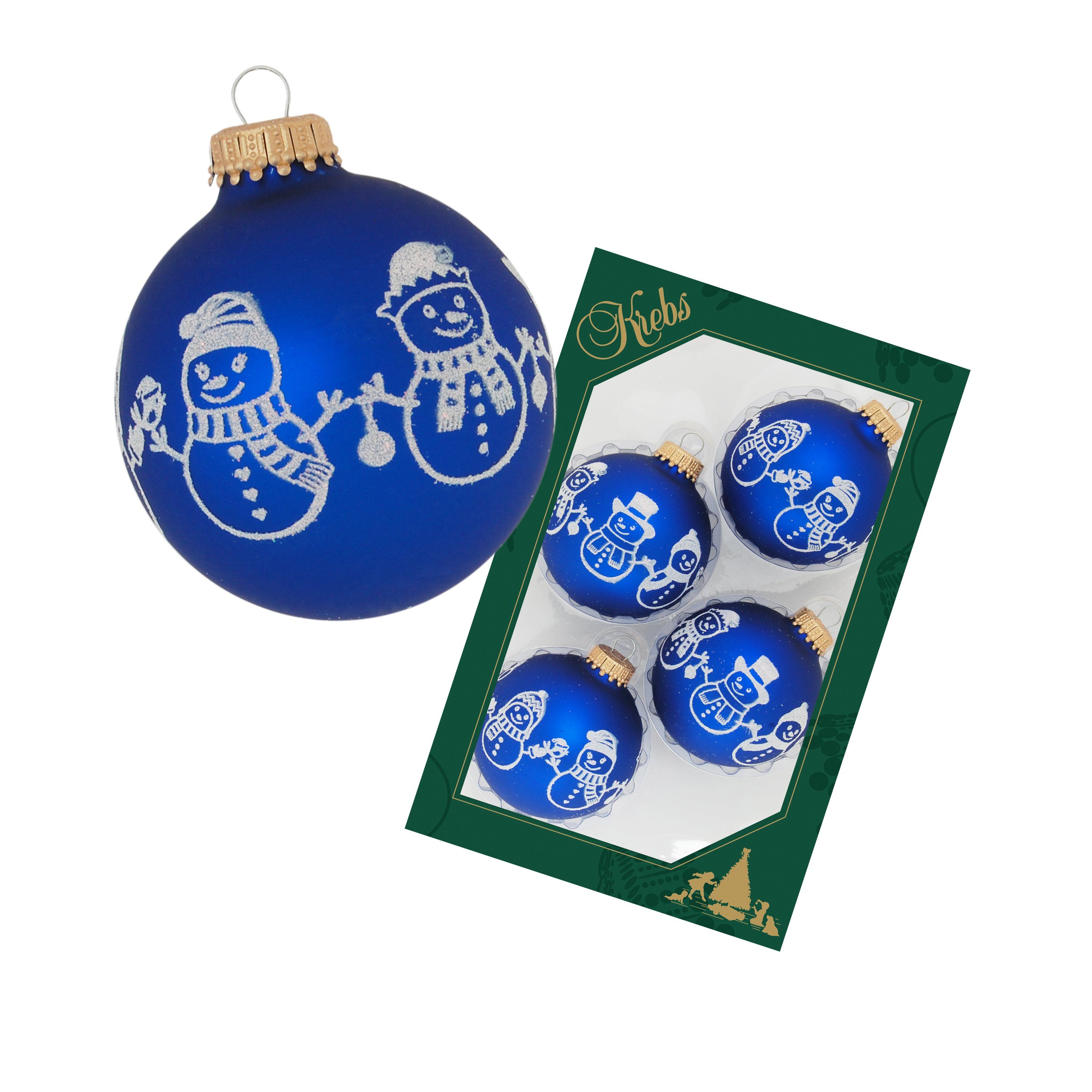 Krebs Glas Lauscha Christbaumschmuck Königsblau matt 7cm Glaskugel mit weißer Banddekoration Schneemänne