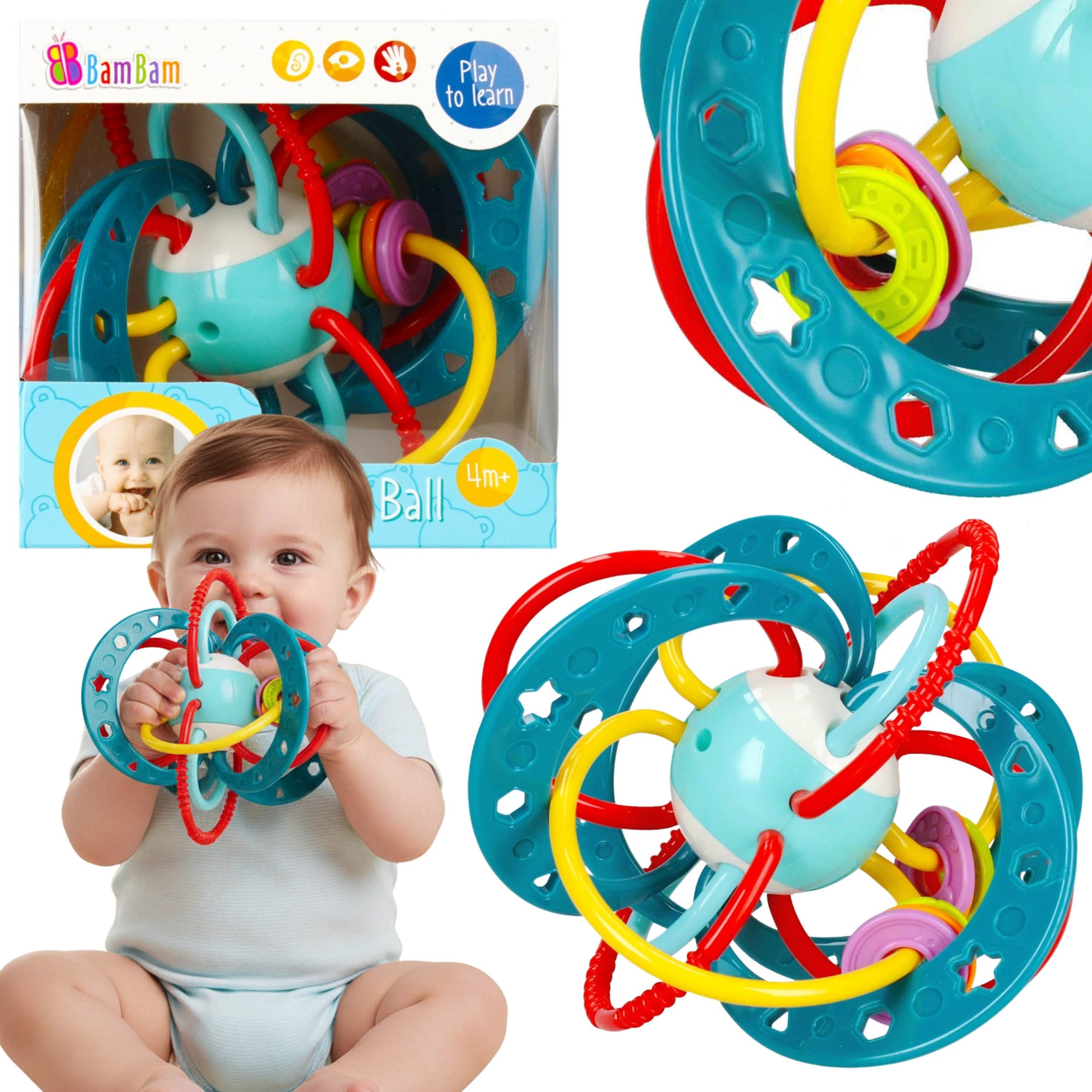 BAM BAM Rasselball Bam Bam SENSORISCHES BALL für Kleinkinder, RASSELSPIELZEUG, buntes 4m+
