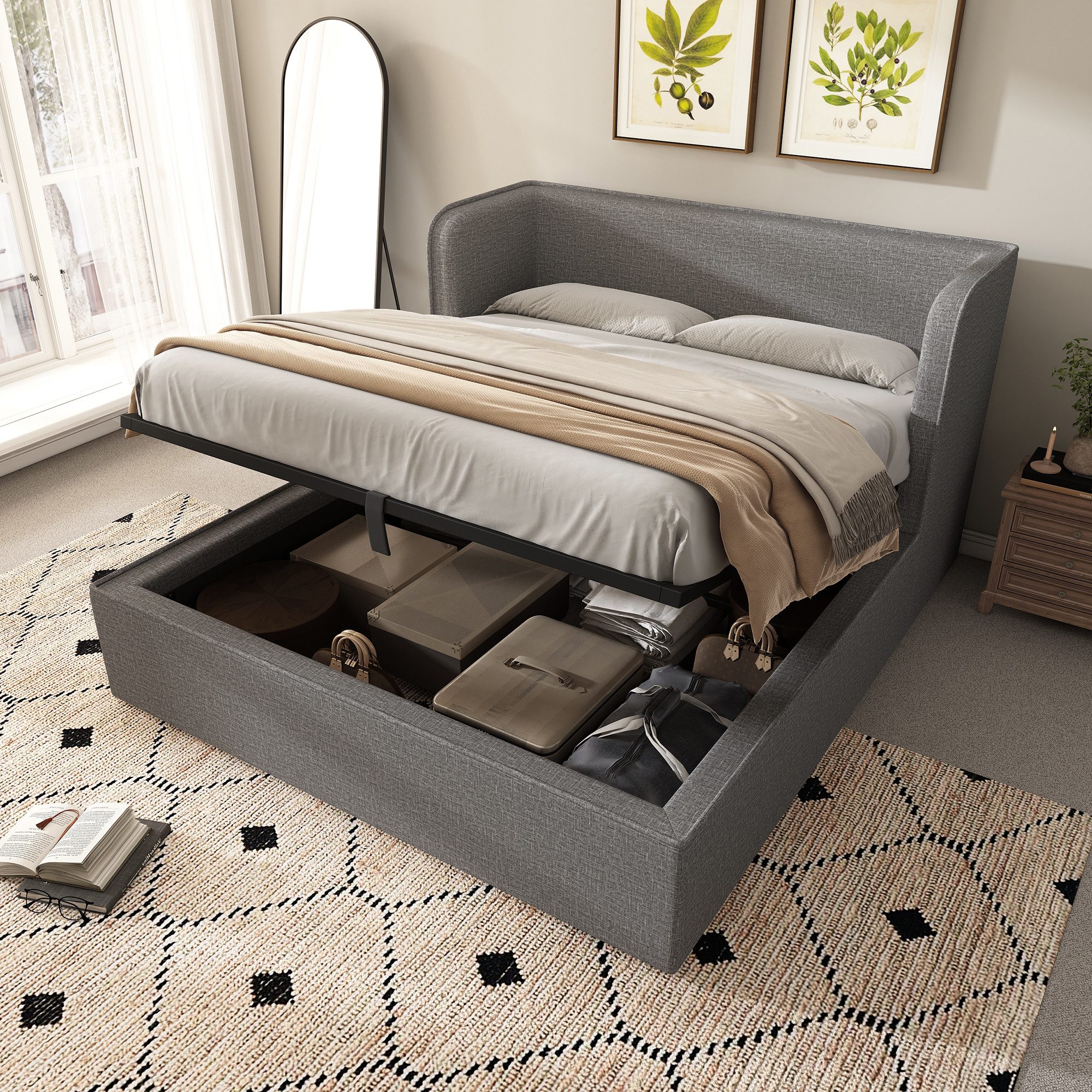 Flieks Polsterbett, Hydraulisches Stauraumbett 180×200cm mit Seitenlehne&ab günstig online kaufen