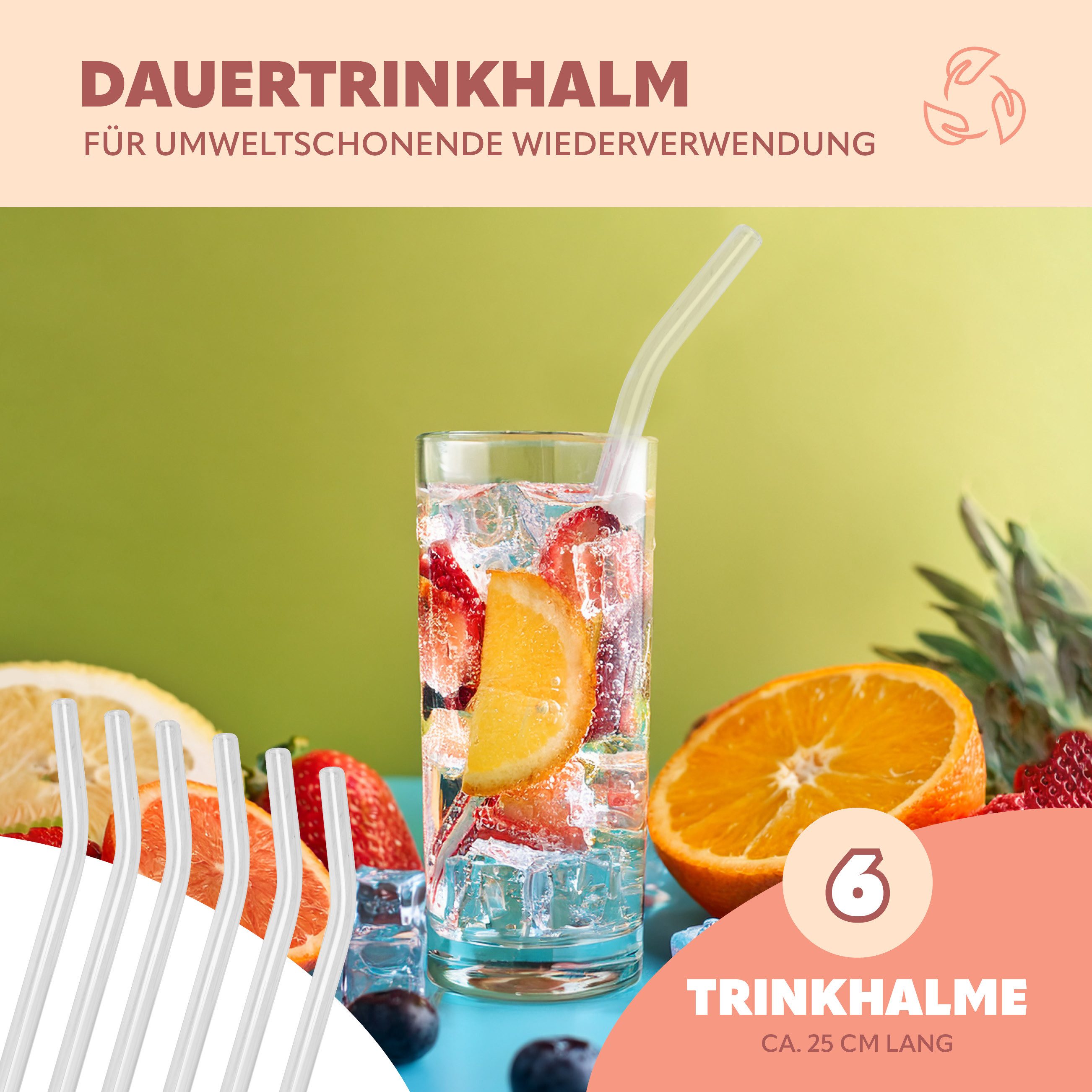 bremermann Trinkhalme 6er Glas-Trinkhalme, 25 cm Länge, wiederverwendbar, transparent inklu, (6-tlg), inkl. 2 Reinigungsbürsten – Bild 3 von 5