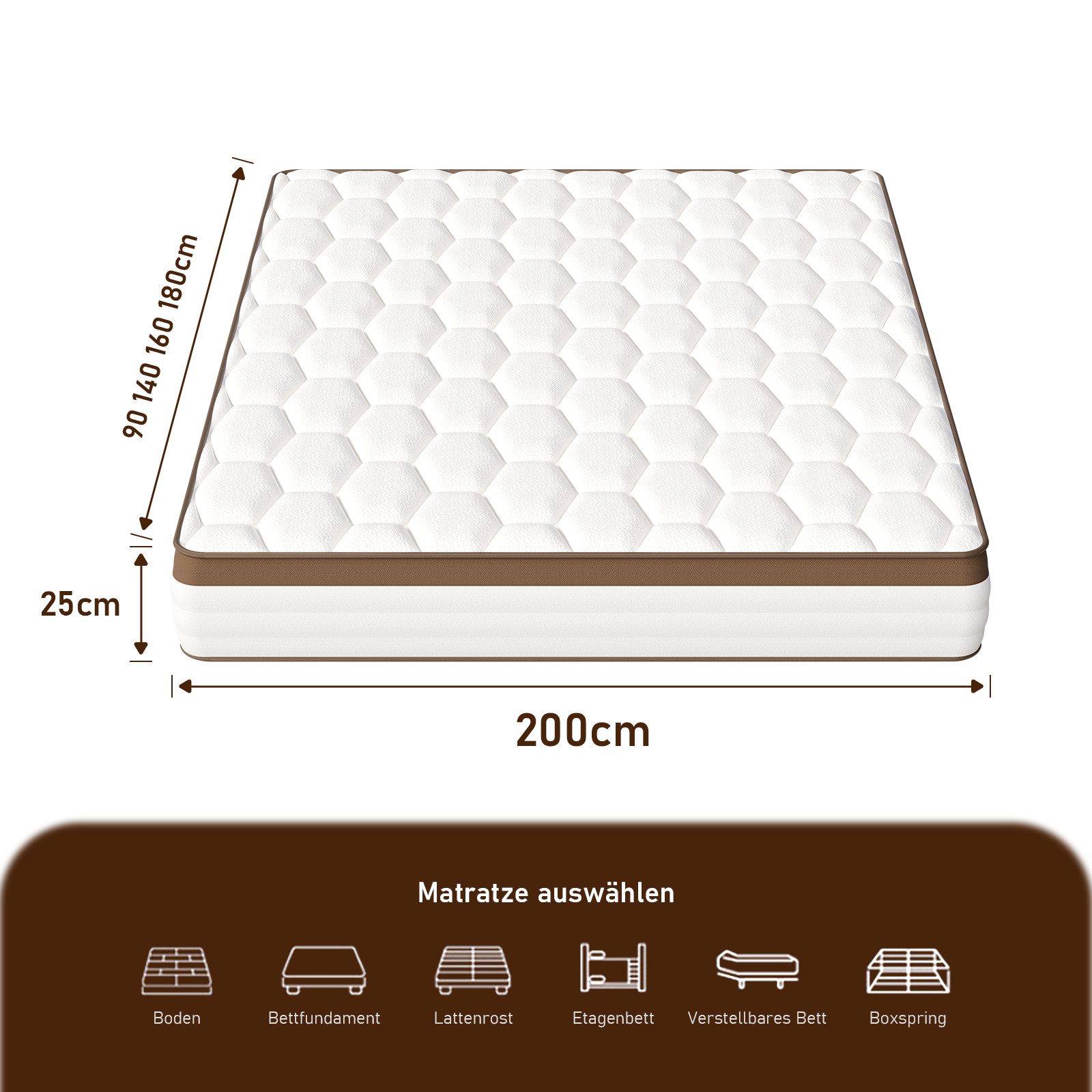 Taschenfederkernmatratze 25 cm Matratze H3-Mittelfest, 7 Zonen Ergonomische Federkernmatratze, Luvanza, 25 cm hoch, Oeko-TEX, Kaffee-Braune Einfassung, Antibakt – Bild 2 von 5