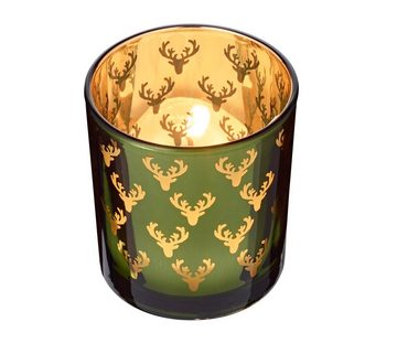 EDZARD Windlicht Dirk (2er, Set), Kerzenglas-Set für Teelichter mit Hirsch-Motiv in Gold-Optik, Teelichthalter-Set für Teelichter, Höhe 8 cm, Ø 7 cm