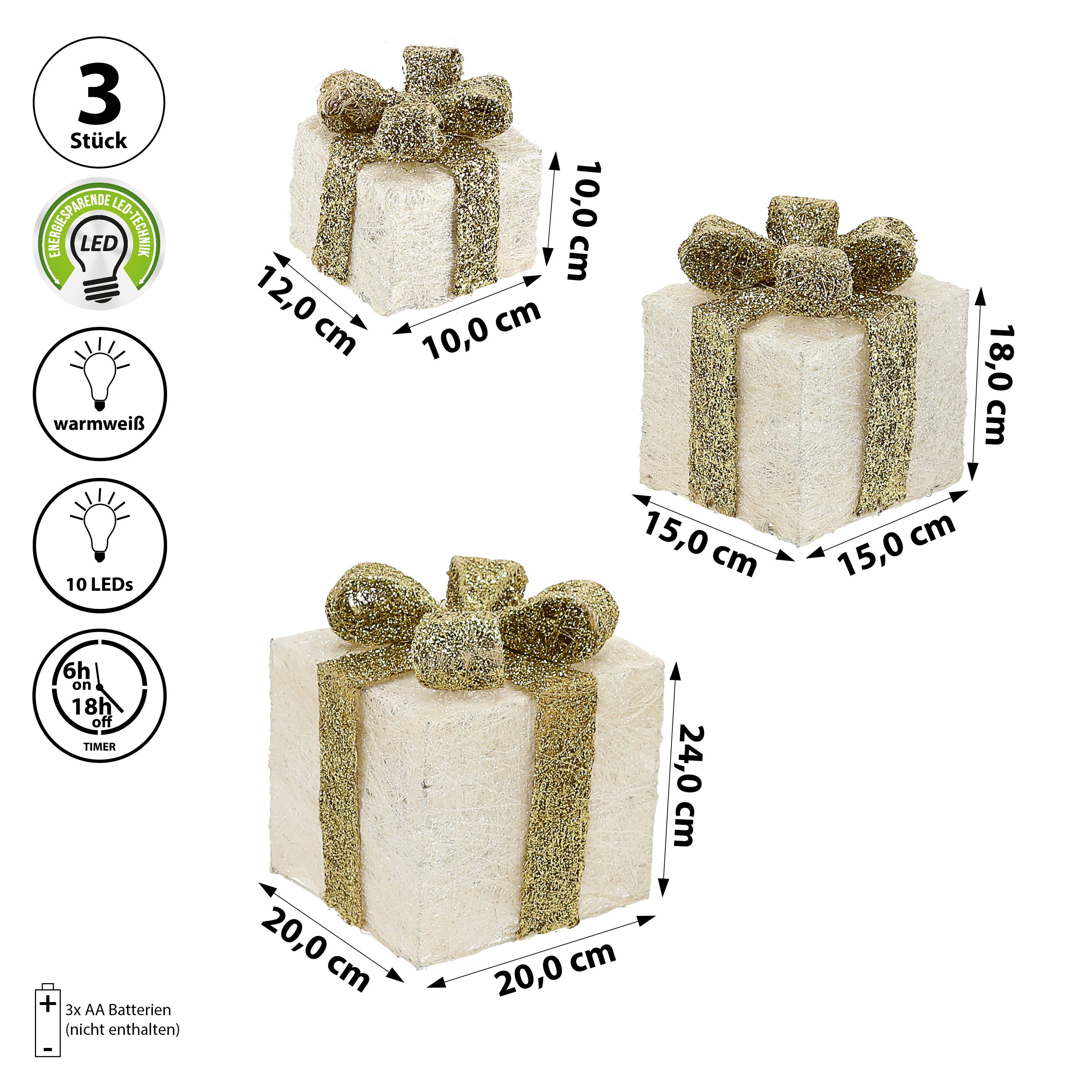 CEPEWA LED Dekoobjekt LED Geschenk 3er Set creme gold 10 LEDs warmweiß 3 Größen Kunststoff