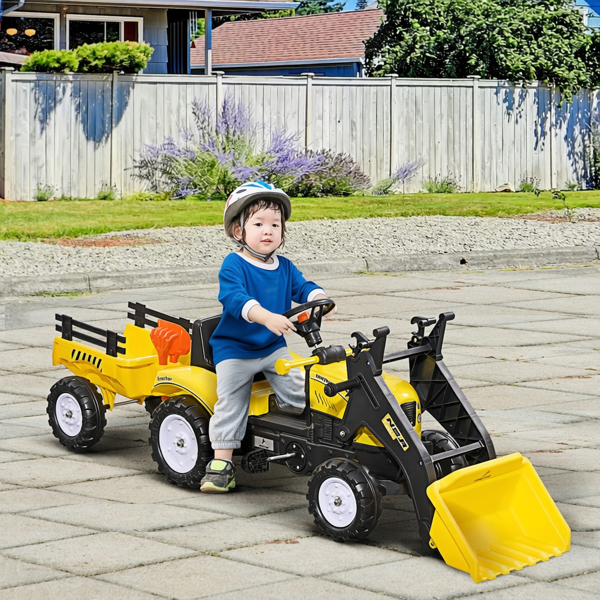 HOMCOM Trettraktor mit Anhänger, Tretfahrzeug mit Schaufel, Kinderfahrzeug Traktor, für ab 3 Jahren Kinder, Gelb