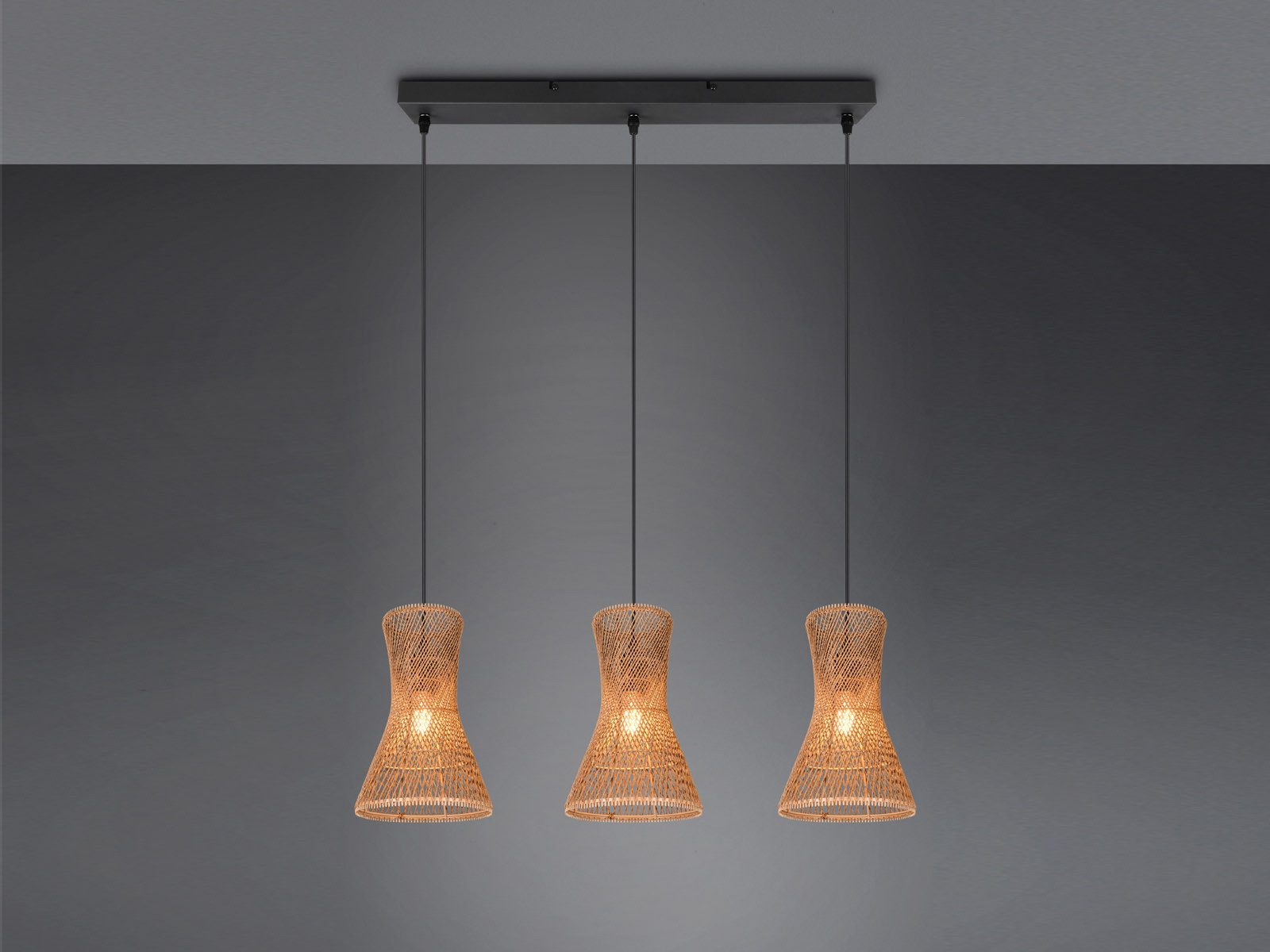 Reality Leuchten LED Pendelleuchte, Dimmfunktion, LED wechselbar, warmweiß, 3er Papier-lampe hängend Lampenschirm geflochten Kücheninsel, B: 75cm