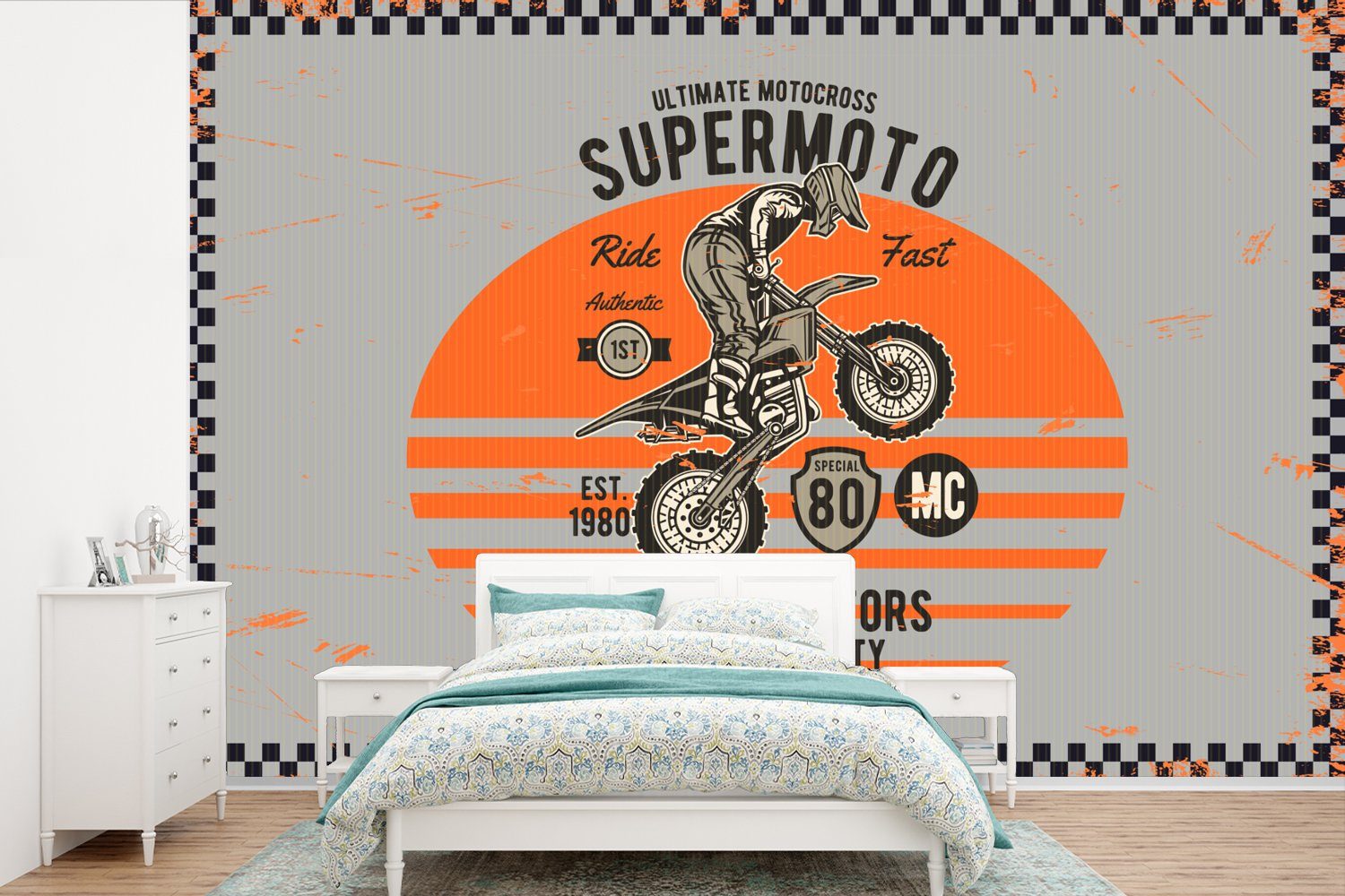 MuchoWow Fototapete Mancave - Motorrad - Vintage - Orange - Grau, Matt, bedruckt, (6 St), Wallpaper für Wohnzimmer, Schlafzimmer, Kinderzimmer, Vinyl Tapete