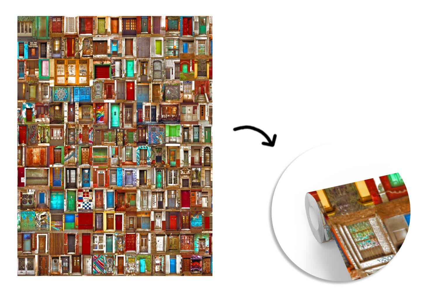 bedruckt, Montagefertig Collage - (4 - MuchoWow Bunt - Matt, St), Wohnzimmer, Fototapete für Tapete Vinyl Architektur, Türen Wandtapete