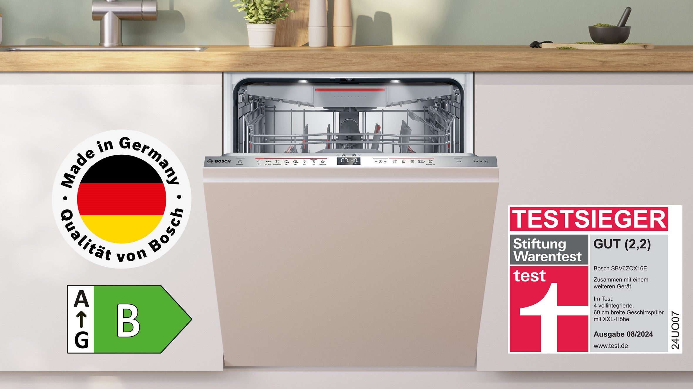 BOSCH vollintegrierbarer Geschirrspüler XXL, Serie 6 SBV6ZCX16E, 14 Maßgedecke, Time Light - Restzeit wird auf Küchenboden projiziert