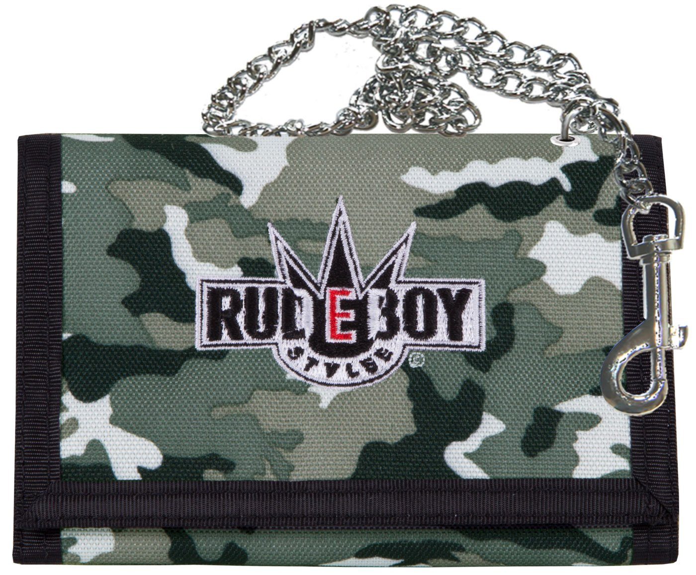 Rudeboy Stylee Geldbörse Wallet Classic mit Kette und Klettverschluß für Erwachsene u. Kinder, verchromte Kette mit Karabiner Ice Camo