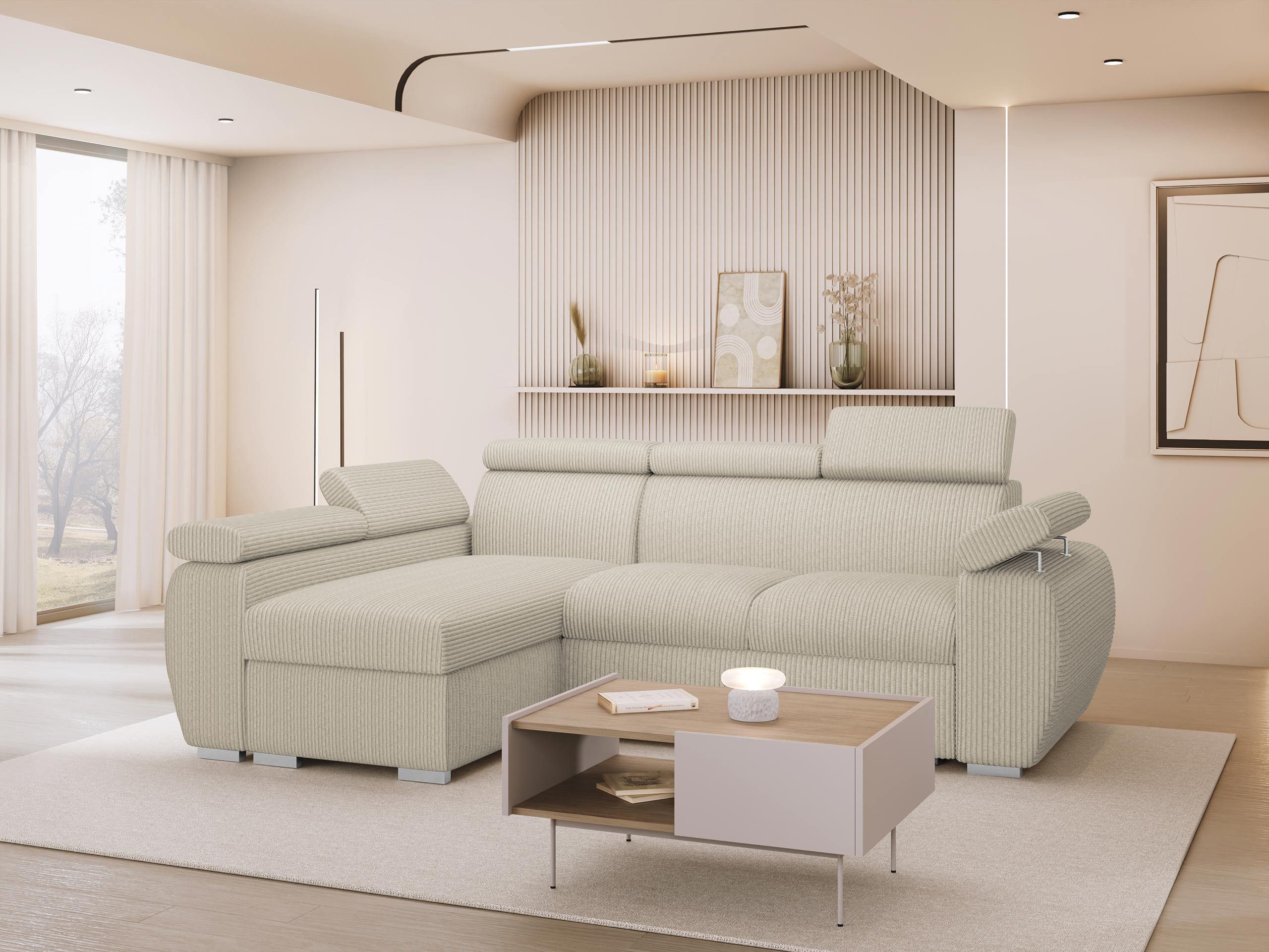 MIRJAN24 Ecksofa Boston Mini Premium Cord 2RLC, mit Bettkasten und Schlaffunktion, Verchromte Metallfüße, Einstellbare Kopfstützen