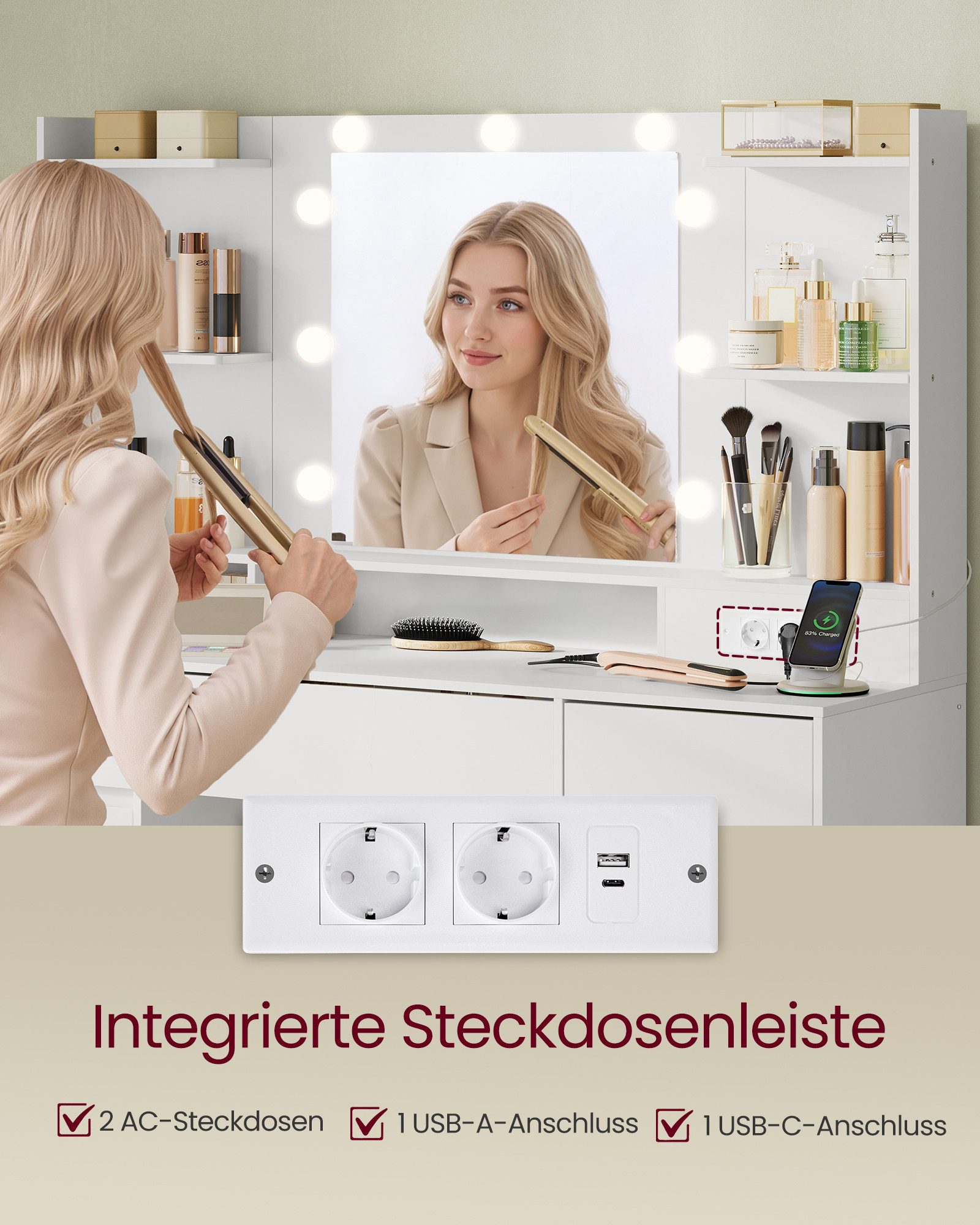 VASAGLE Schminktisch Kosmetiktisch mit Spiegel und 9 dimmbare Glühbirnen, 3 Lichtfarben (1 Tisch mit 1 Hocker), 40 x 107 x 144 cm (T x B x H), 9 Schubladen, müh – Bild 4 von 5