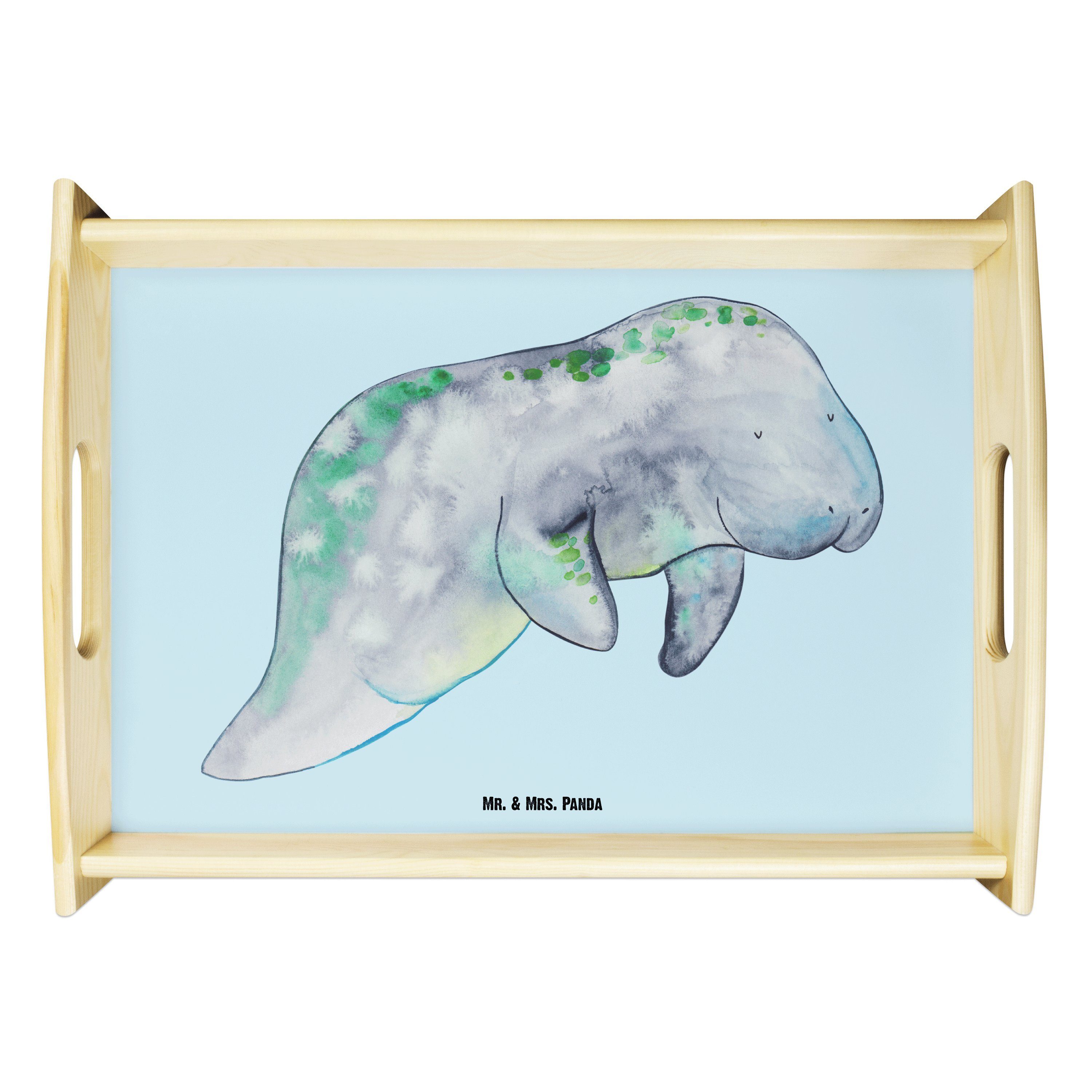 Mr. & Mrs. Panda Tablett Seekuh chillt - Oceanblue - Geschenk, Seekühe, Küchentablett, Diätwah, Echtholz lasiert, (1-tlg) | Tabletts