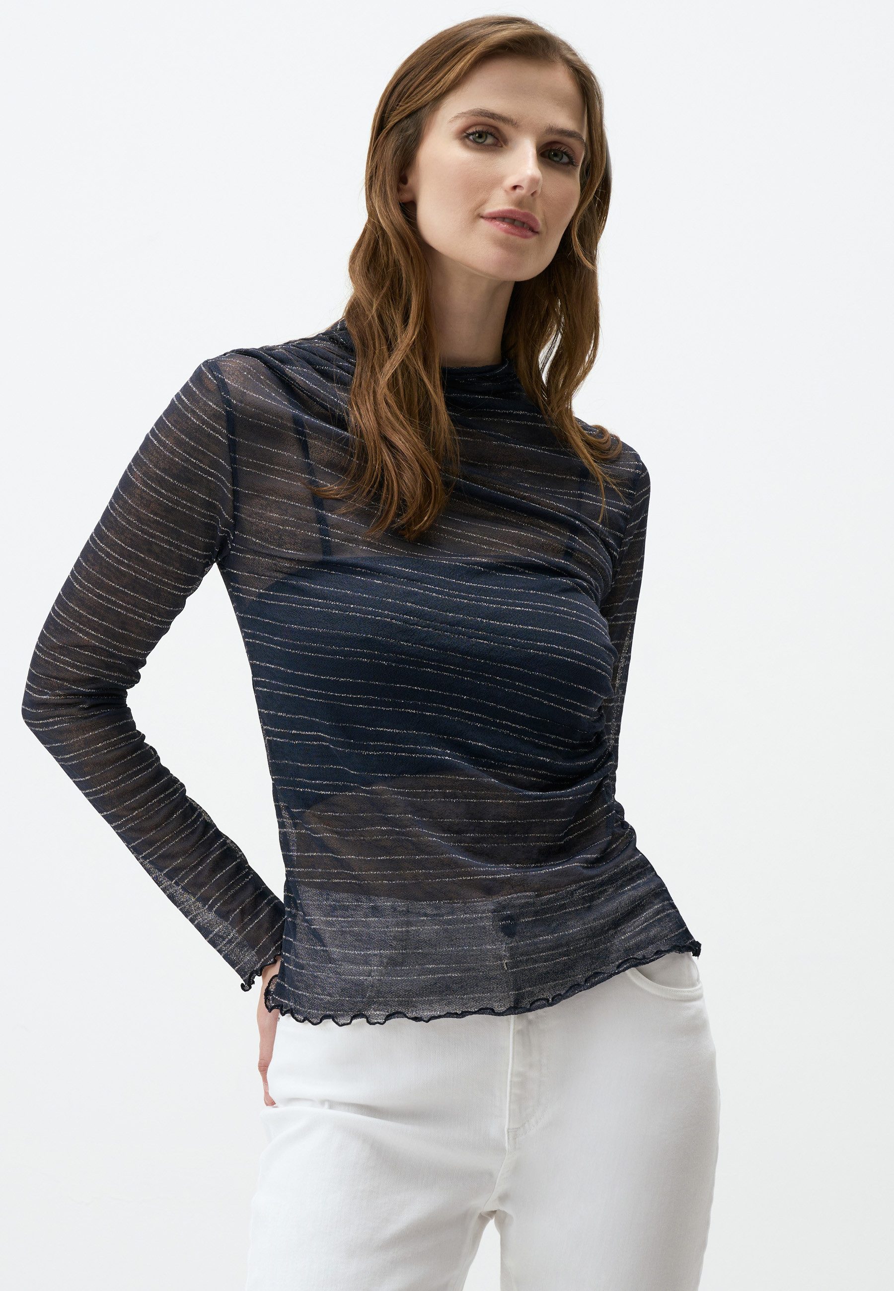 Blusentop Slim Fit Strickbluse Mit Gemustertem Netzstoff Und Nullhalsausschnitt
