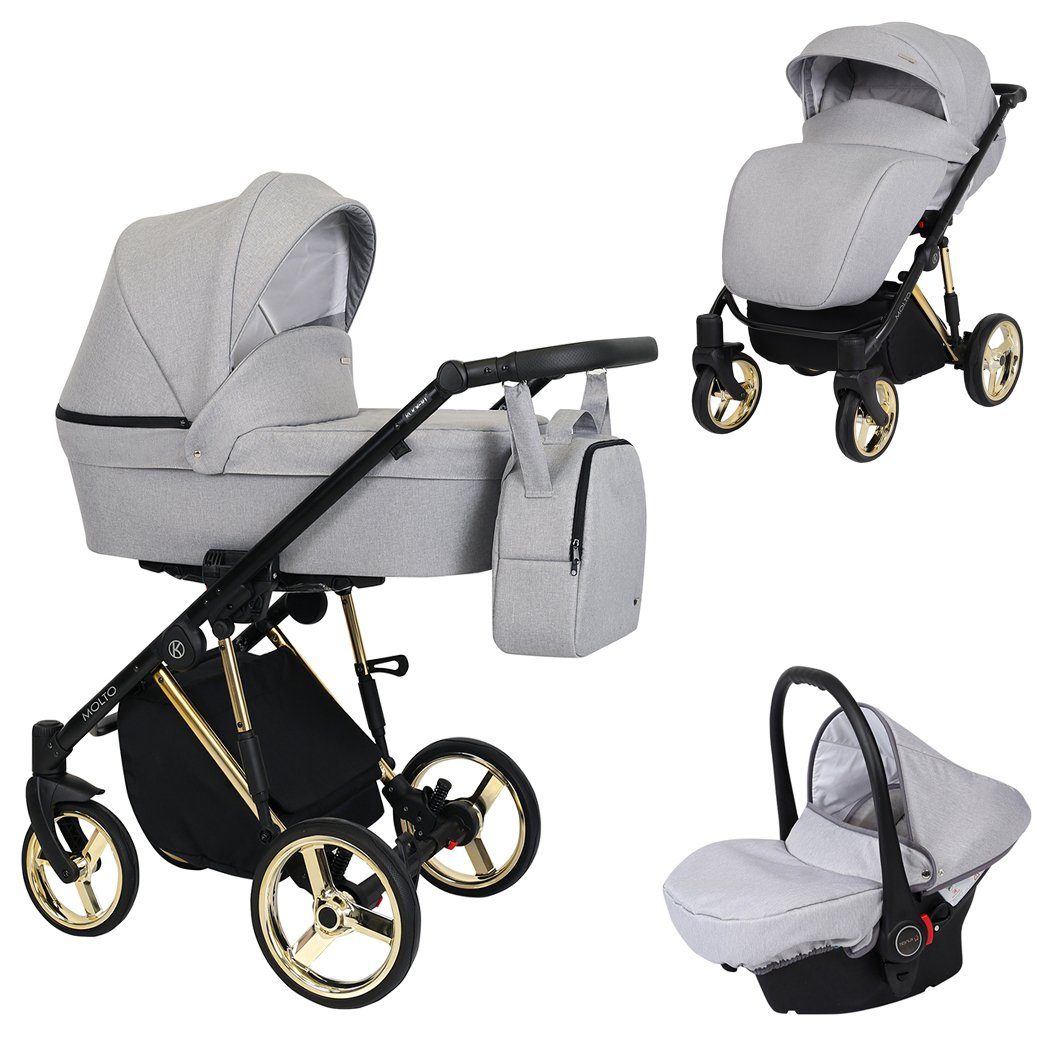 babies-on-wheels Kombi-Kinderwagen Molto Edition 3 in 1 inkl. Autositz -13 Teile- von Geburt bis 4 Jahre Hellgrau = Gestell gold