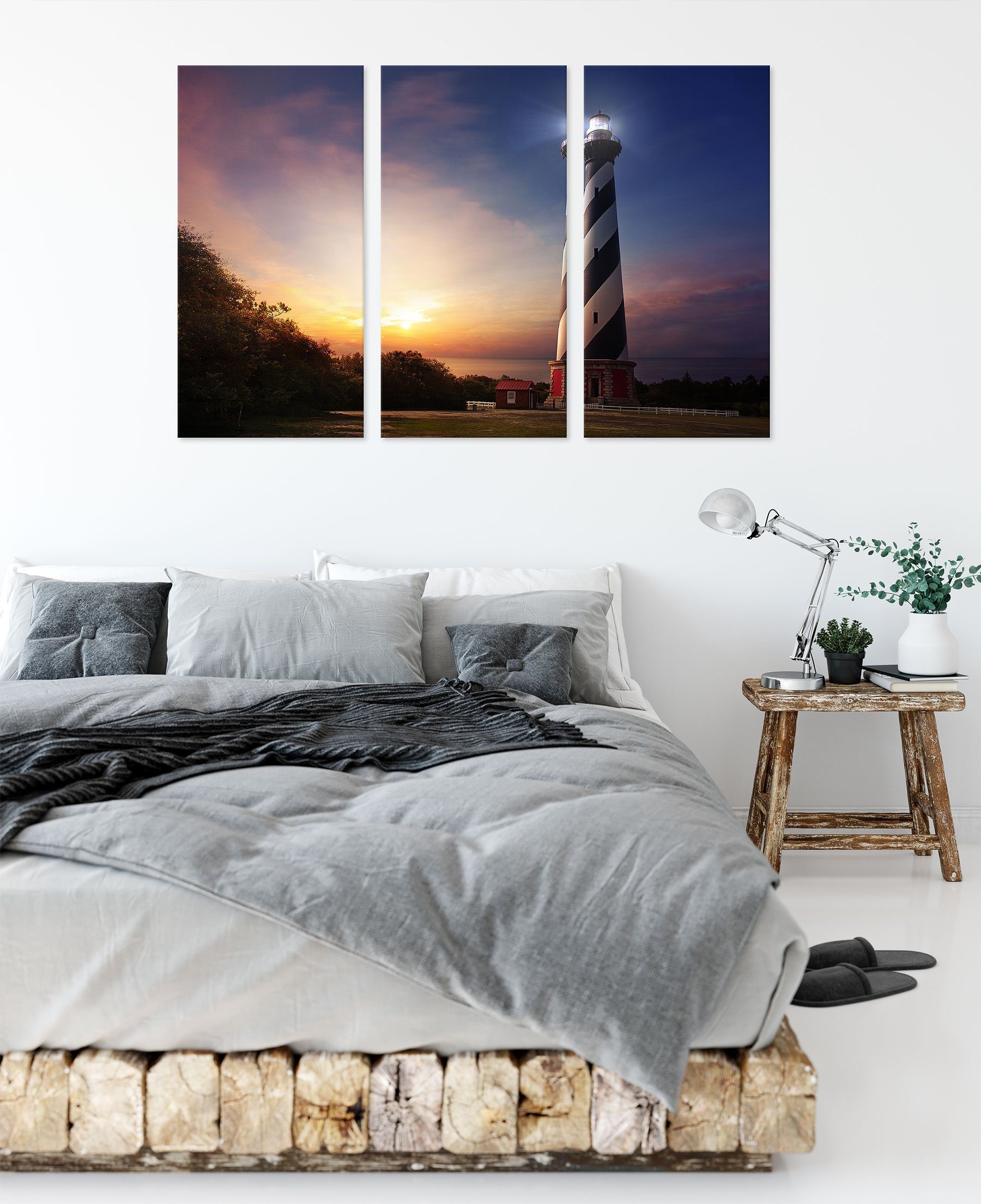 inkl. fertig Zackenaufhänger Leinwandbild Cape (120x80cm) Cape bespannt, Hatteras (1 St), Leuchtturm, Leinwandbild Leuchtturm 3Teiler Pixxprint Hatteras