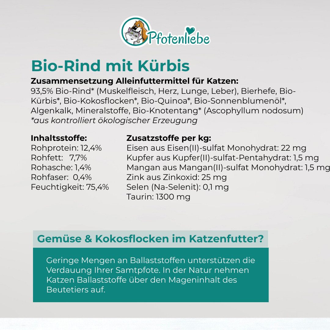 Pfotenliebe Bio-Rind mit Kürbis - getreidefrei 6x100g, Nassfutter für: Katzen
