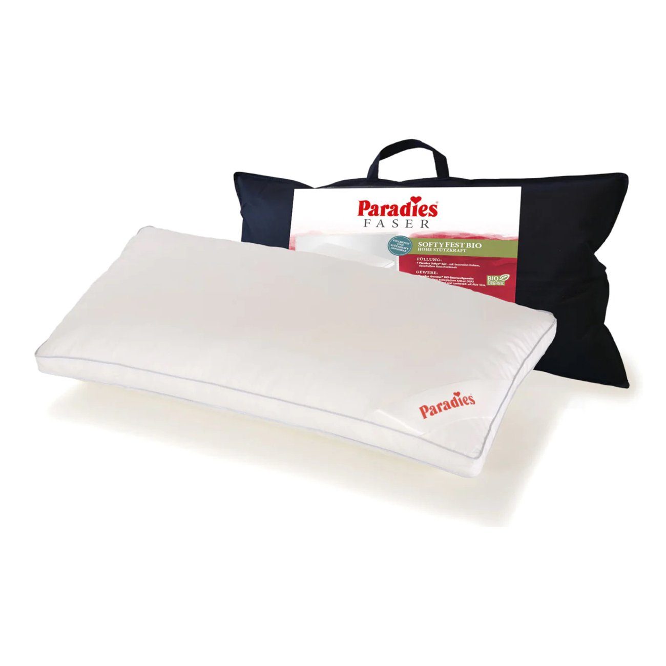 Paradies Kunstfaserkopfkissen Paradies Softy fest Bio Подушки Kissen Faserkissen 40x80 60°, Füllung: Paradies Softys, Bezug: 100% Bio Baumwolle, Seitenschläfer, Rückenschläfer