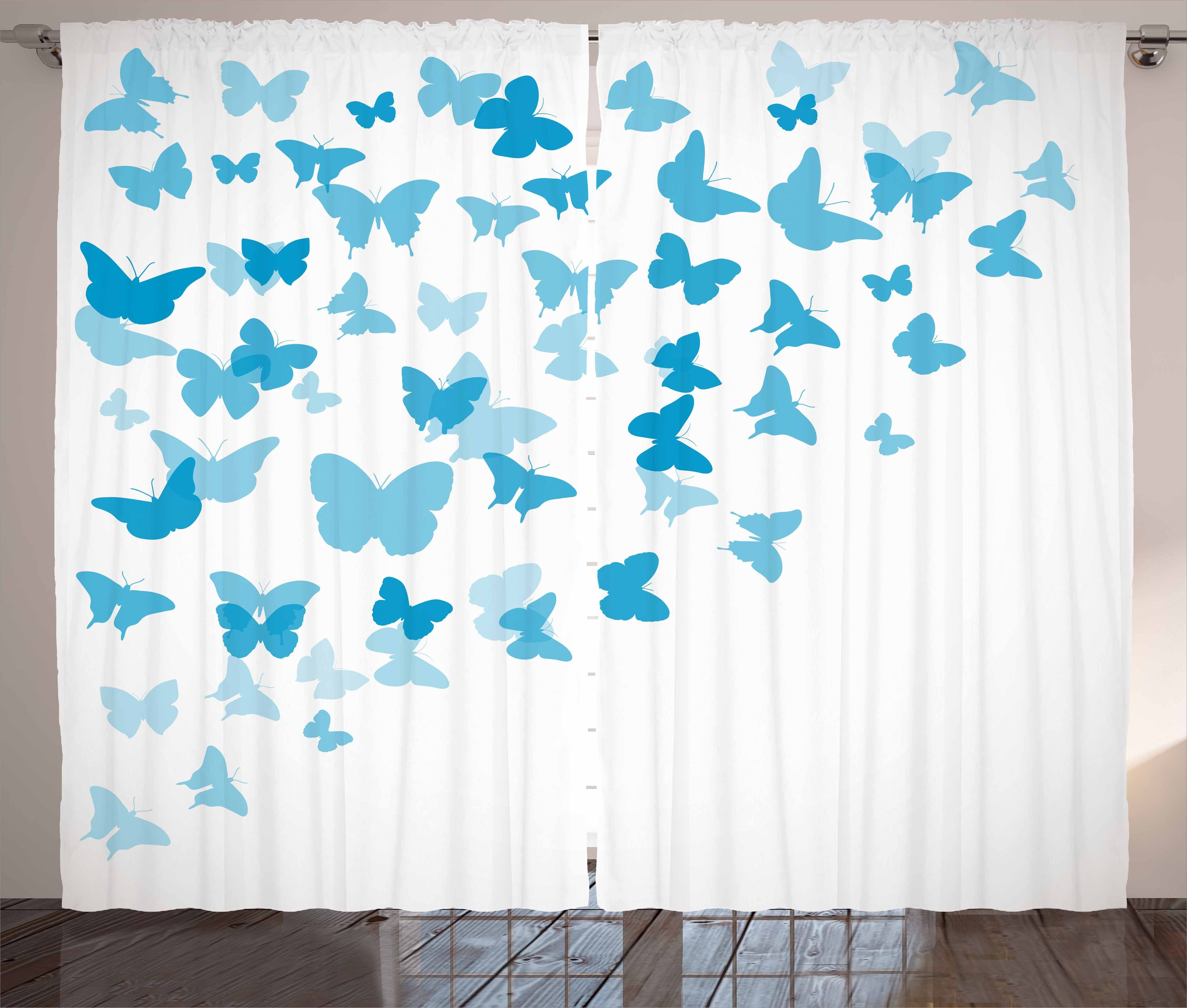 Gardine Schlafzimmer Kräuselband Vorhang mit Schlaufen und Haken, Abakuhaus, Vintage Blue Schmetterling Flock