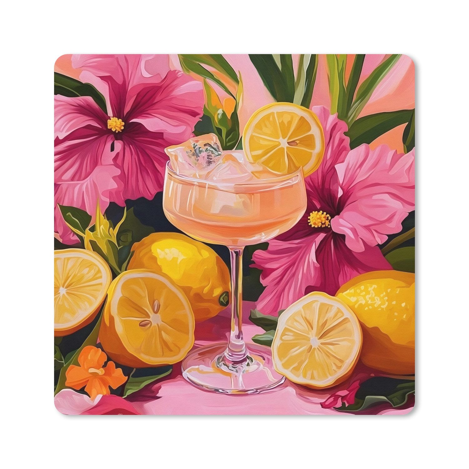 MuchoWow Mauspad Getränk - Blumen - Gelb (1-St), Mouse pad groß, Schreibtisch Zubehör, Desk Mat, 50x50 cm