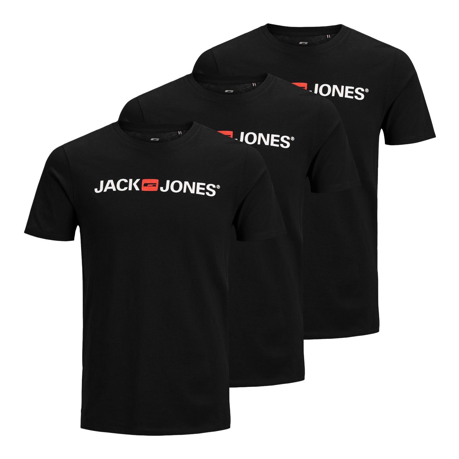 Jack & Jones / black black Neck black T-Shirt Markenschriftzug Pack Crew mit Tee / Logo 3er