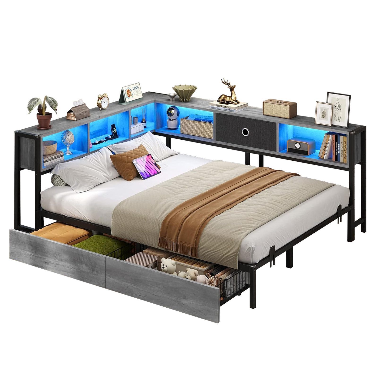 MSMASK Daybett L-Form Schlafsofa mit LED-Beleuchtung und Steckdose, Kinderbett (1 tlg), Jugendbett mit Metallrost, 140x200cm, Grau – Bild 3 von 5