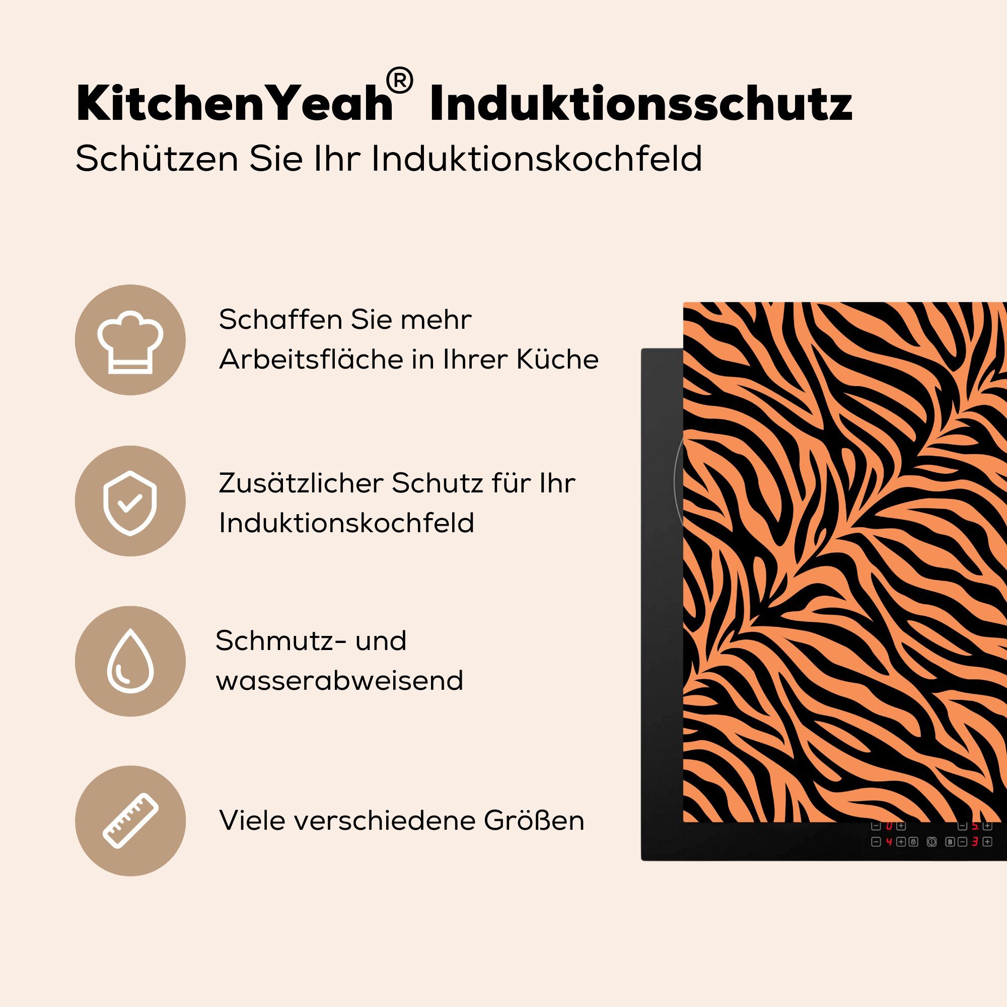 (1 Tigerdruck Schwarz, Vinyl, cm, - Arbeitsplatte tlg), Herdblende-/Abdeckplatte Ceranfeldabdeckung, küche 78x78 MuchoWow für - Orange