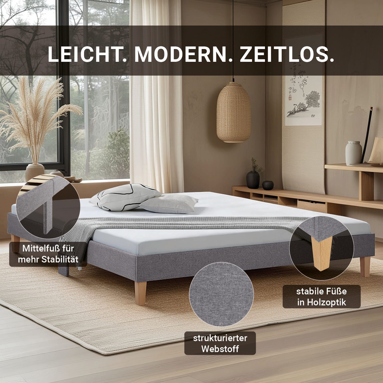 Homestyle4u Polsterbett 90x200 120x200 140x200 160x200 180x200 ohne Kopfteil Grau Futonbett (Set, mit Lattenrost), Doppelbett 180 x 200 cm