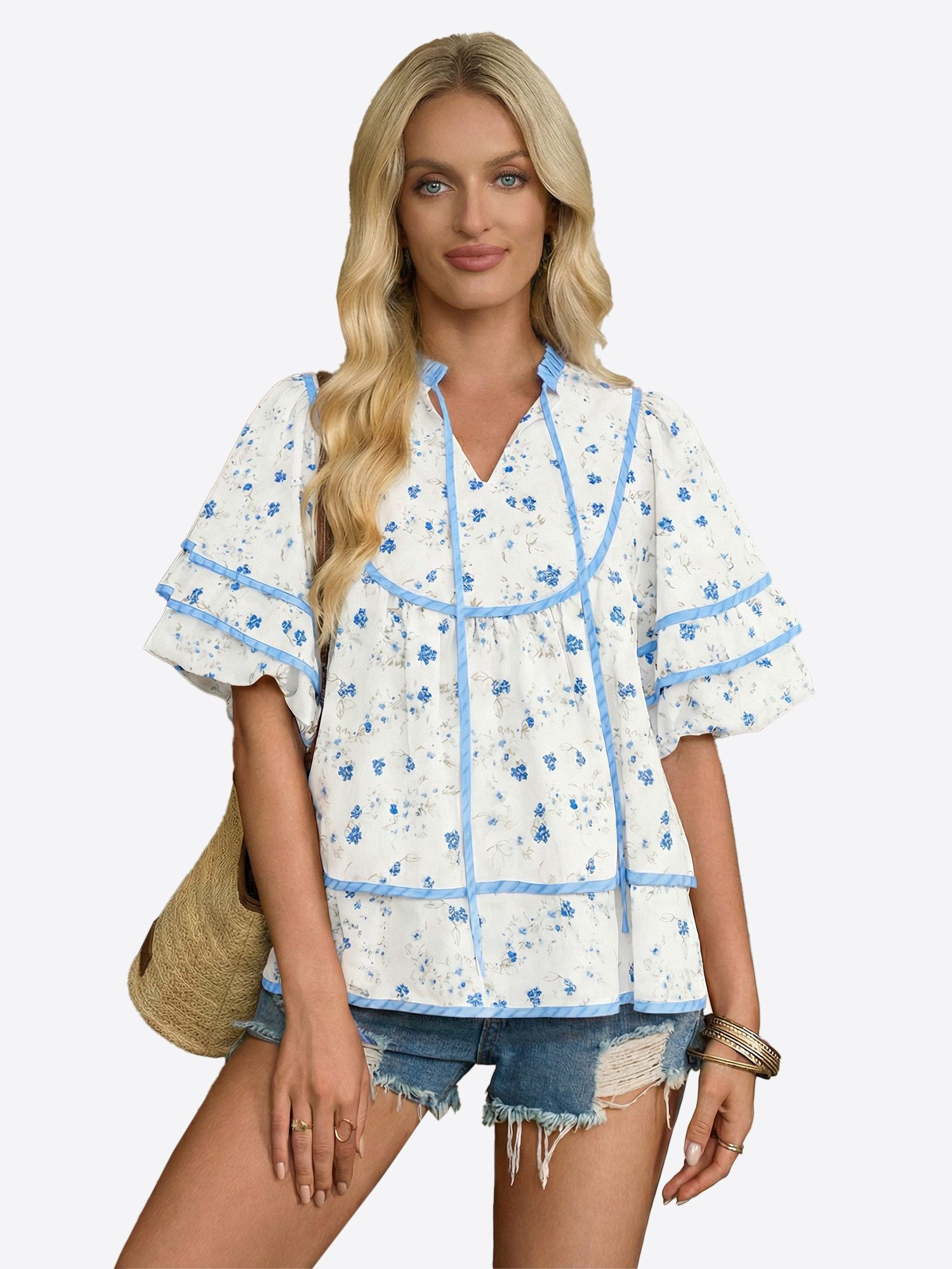 Imily Bela Kurzarmbluse Damen Babydoll Tops mit Blumenmuster (Packung, 1-tlg., 1per-Pack) mit V-Ausschnitt