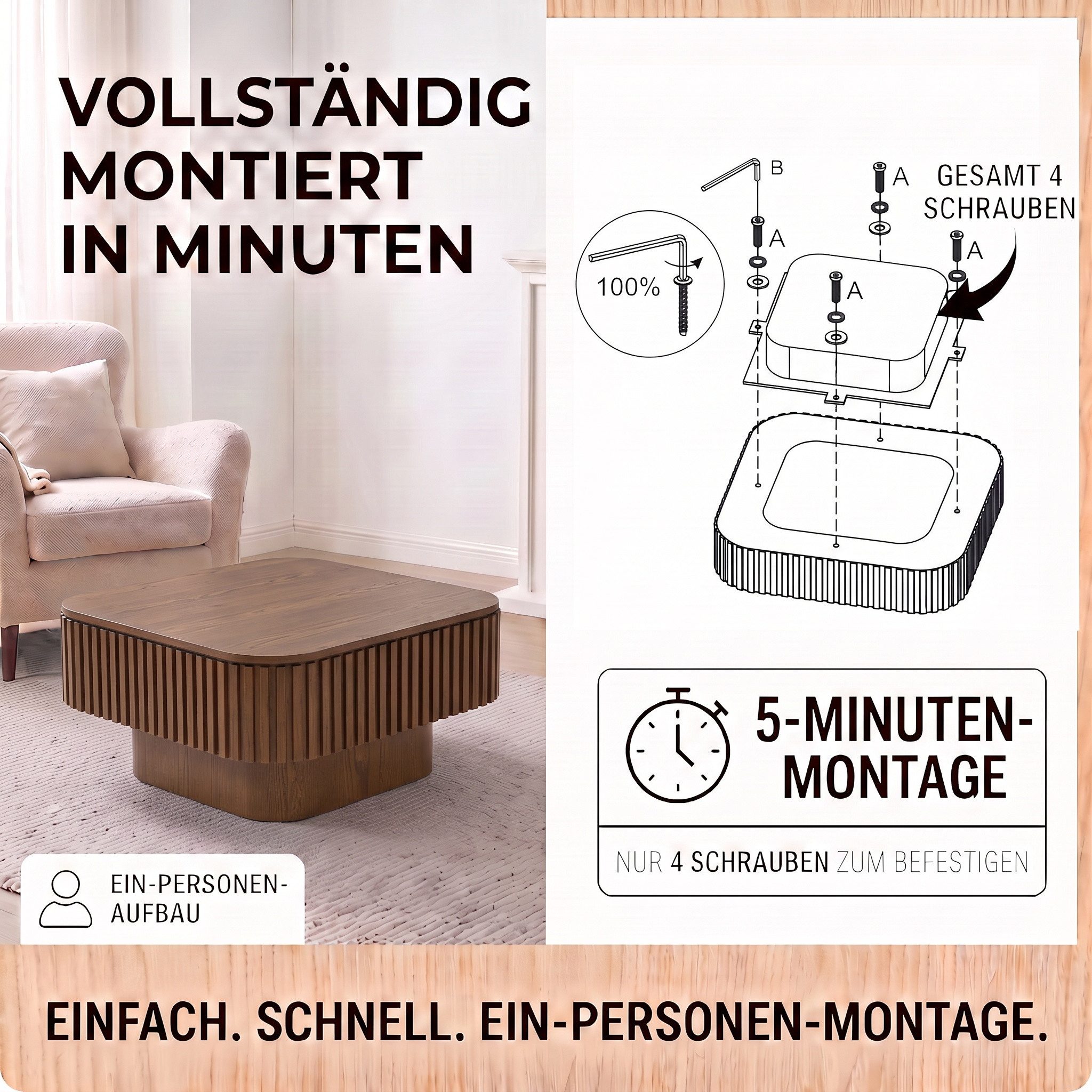 Celya Couchtisch Quadratischer Cocktailtisch mit verstecktem Stauraum (aus furniertem Massivholz, einfache Montage in 5 Minuten) – Bild 3 von 5