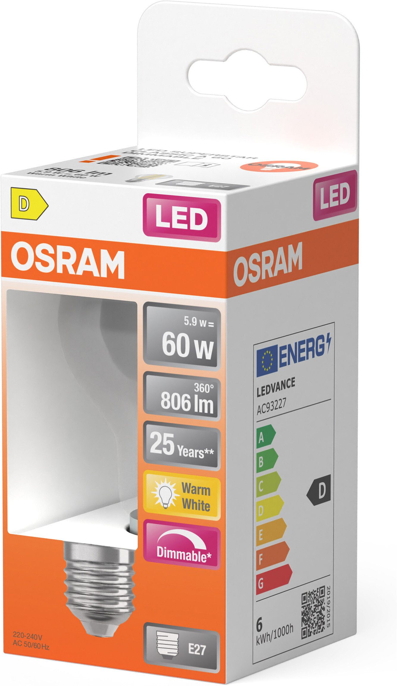 Osram LED-Leuchtmittel LED-Lampe Superstar Kolbenform A60, E27, 1 St., Warmweiß