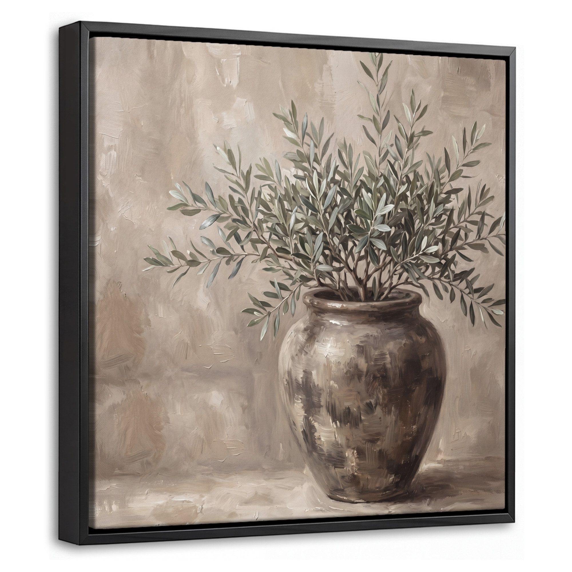 OneMillionCanvasses® Leinwandbild mit Rahmen - Olivenpflanze - Tontopf - Abstrakt - Beige, Fotodruck (1 St), Leinwand Bilder Klein, Wand Dekoration Aesthetic 20x20cm