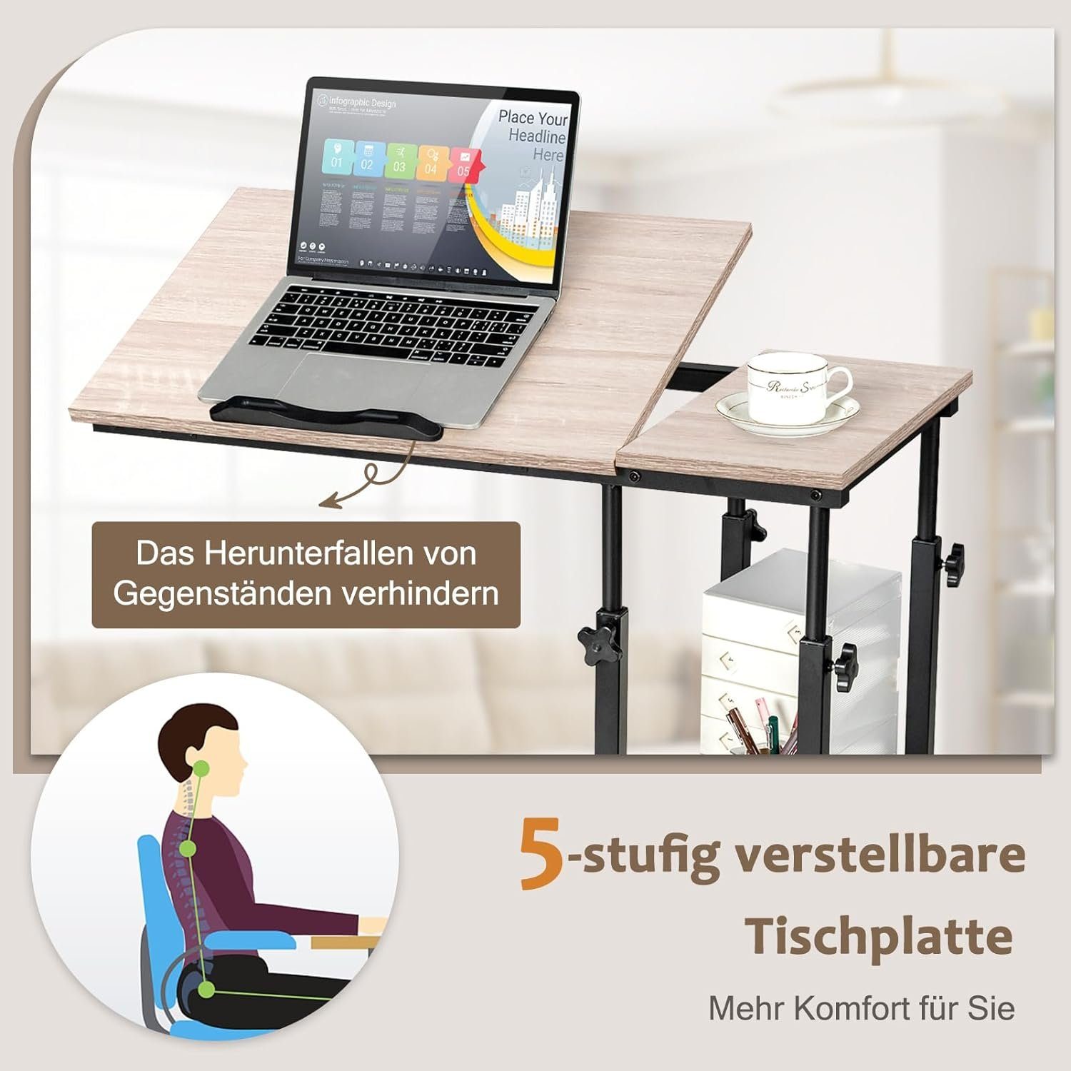 KOMFOTTEU Beistelltisch mit C Natur Ablagen, in 5 Laptoptisch, mit Rollen, Form