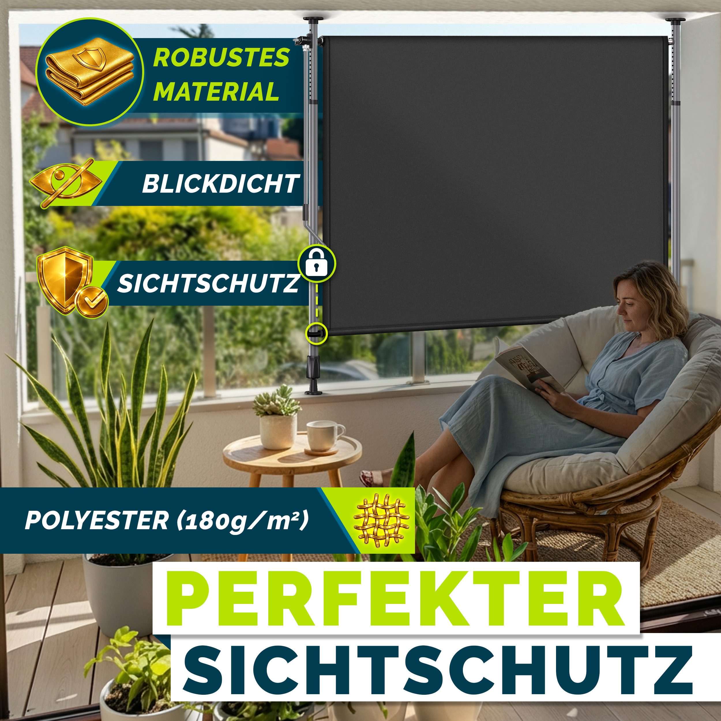 tillvex Klemmmarkise tillvex© Klemmmarkise Senkrechtmarkise Außen Balkon ohne Bohren (Sichtschutzrollo Terrasse Garten Wetterfest, Vertikalmarkise Sichtschutz Ausziehbar & Blickdicht) Klemmmarkise mit Handkurbel ohne Bohren Balkon