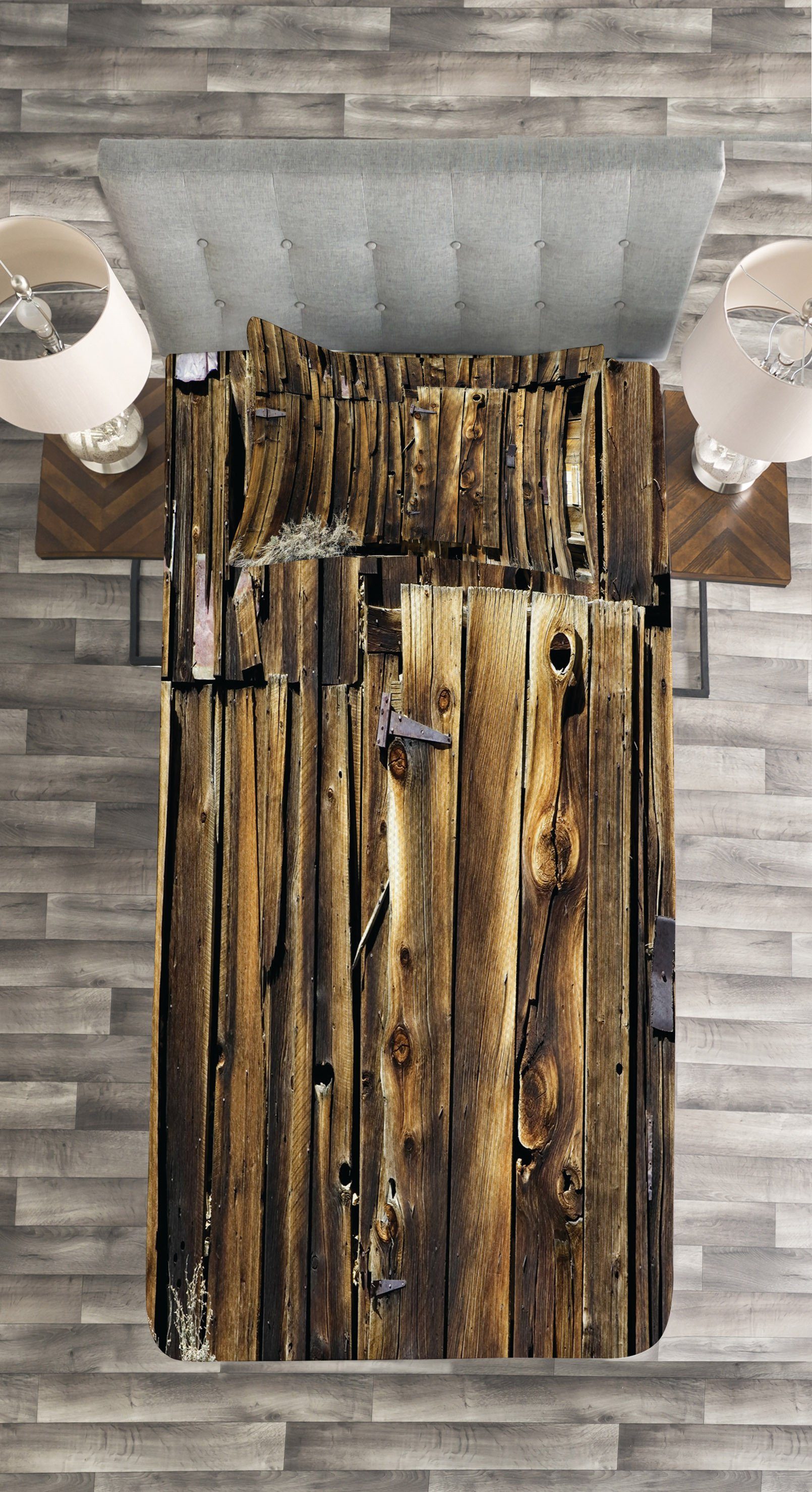 Tagesdecke Set mit Kissenbezügen Rustikal Holz-Tür Abakuhaus, Barn Oak Waschbar
