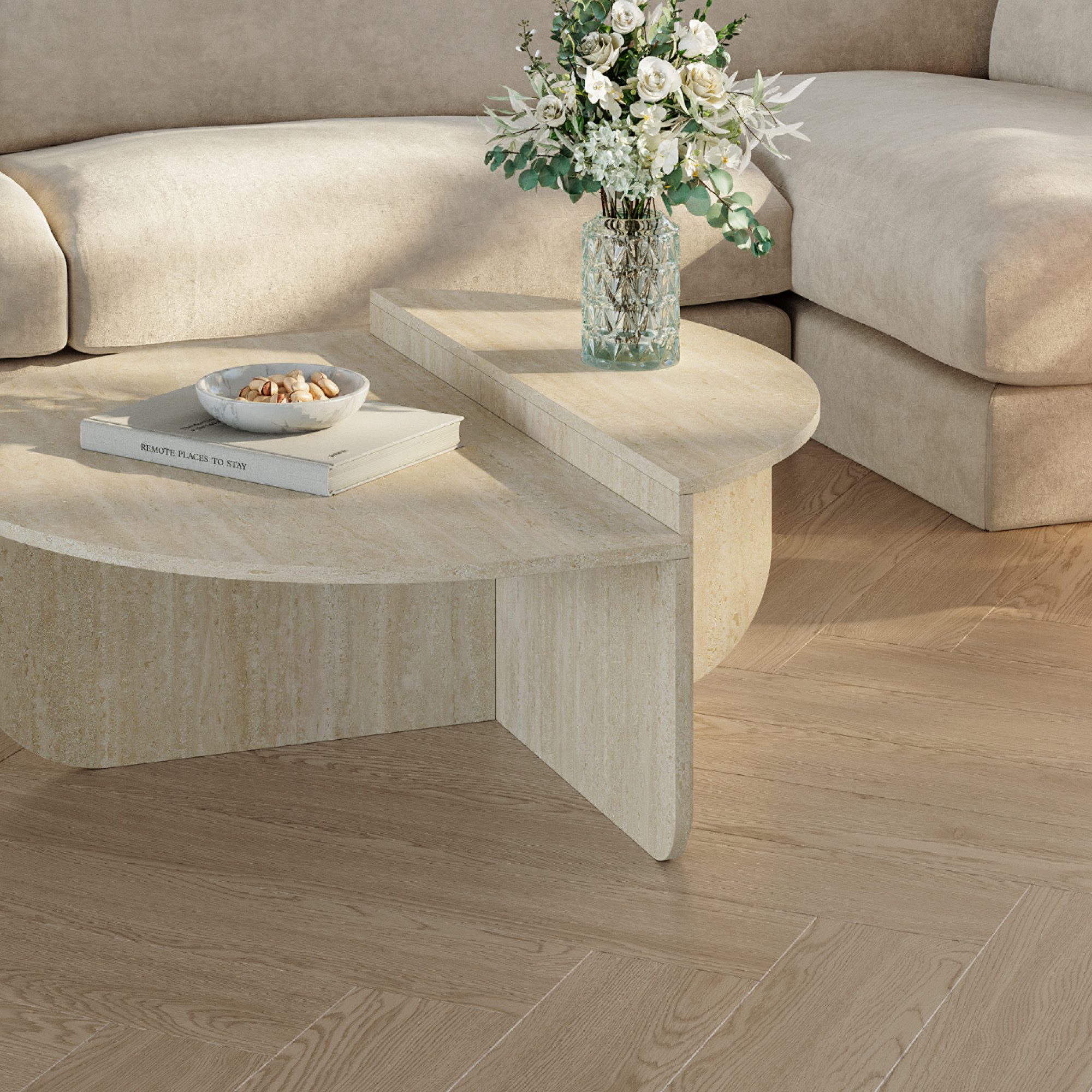en.casa Couchtisch, »Tondesdaslo« mit doppelter Tischplatte 90x90x35 cm Travertin