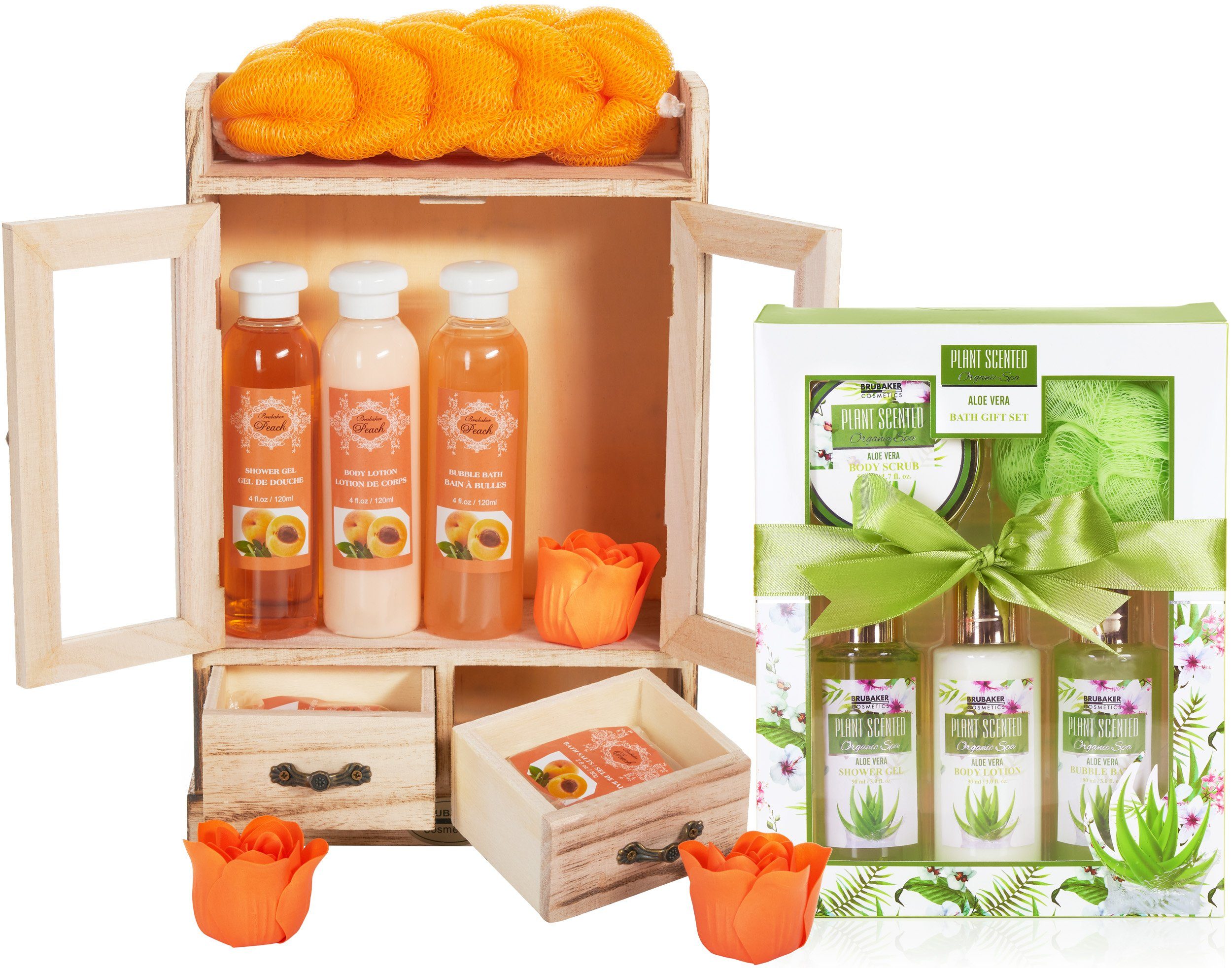 BRUBAKER Pflege-Geschenkset 2 in 1 Pflegeset Pfirsich & Aloe Vera - Wellness Set, 15-tlg., Damen Dusch- und Badeset - Frauen Beauty Geschenkset mit Dekoration