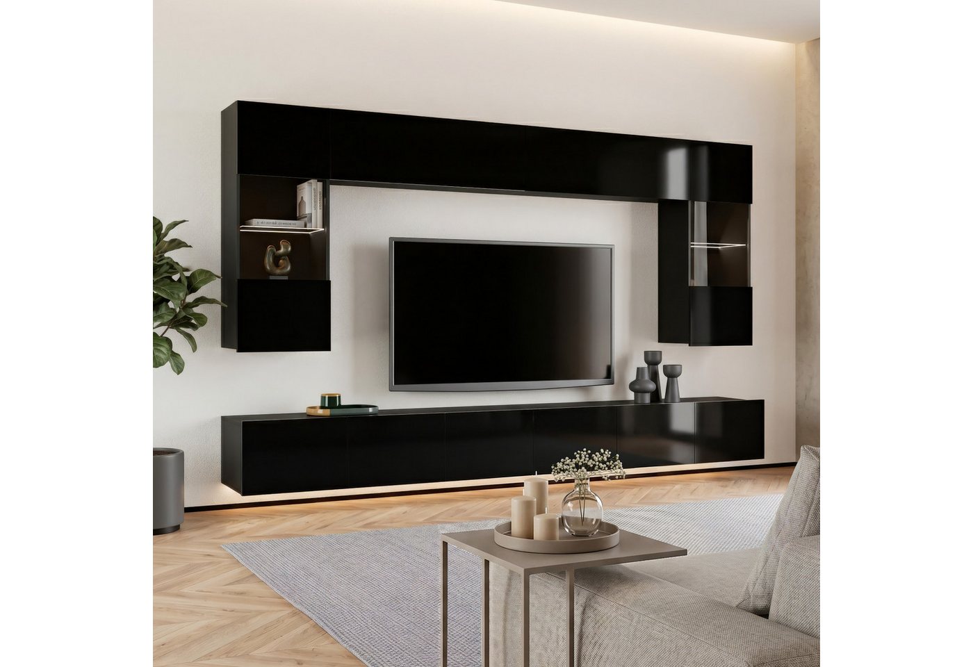 Lomadox Wohnwand CAIRNS-132, (6-St), in schwarz Hochglanz, Modern, grifflos