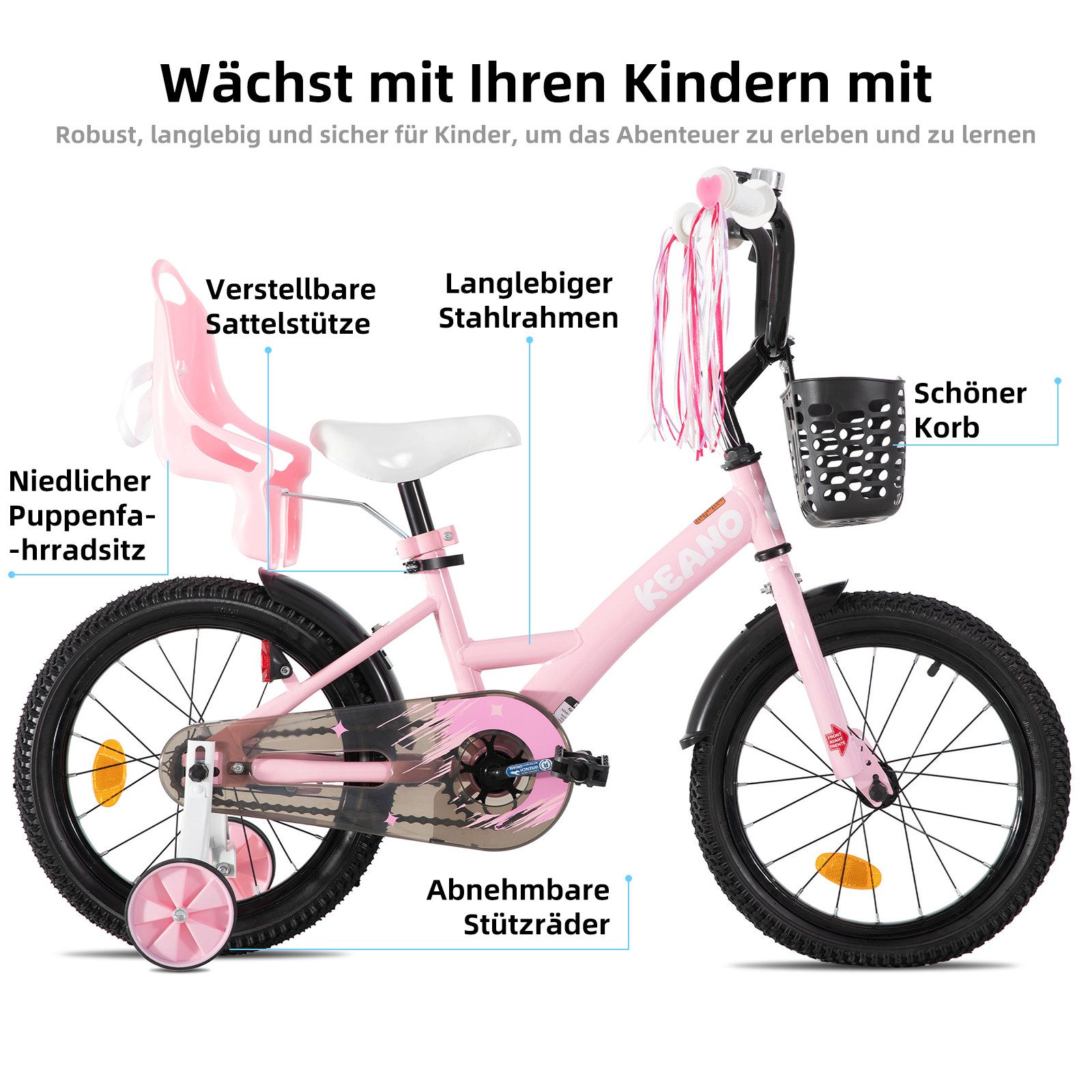 JOYSTAR Kinderfahrrad Mädchenfahrrad 14/16/18/20 Zoll mit Hochkarbonstahlrahmen, mit Puppensitz und Korb,Stützräder, Luftschlangen, Schutzblechen