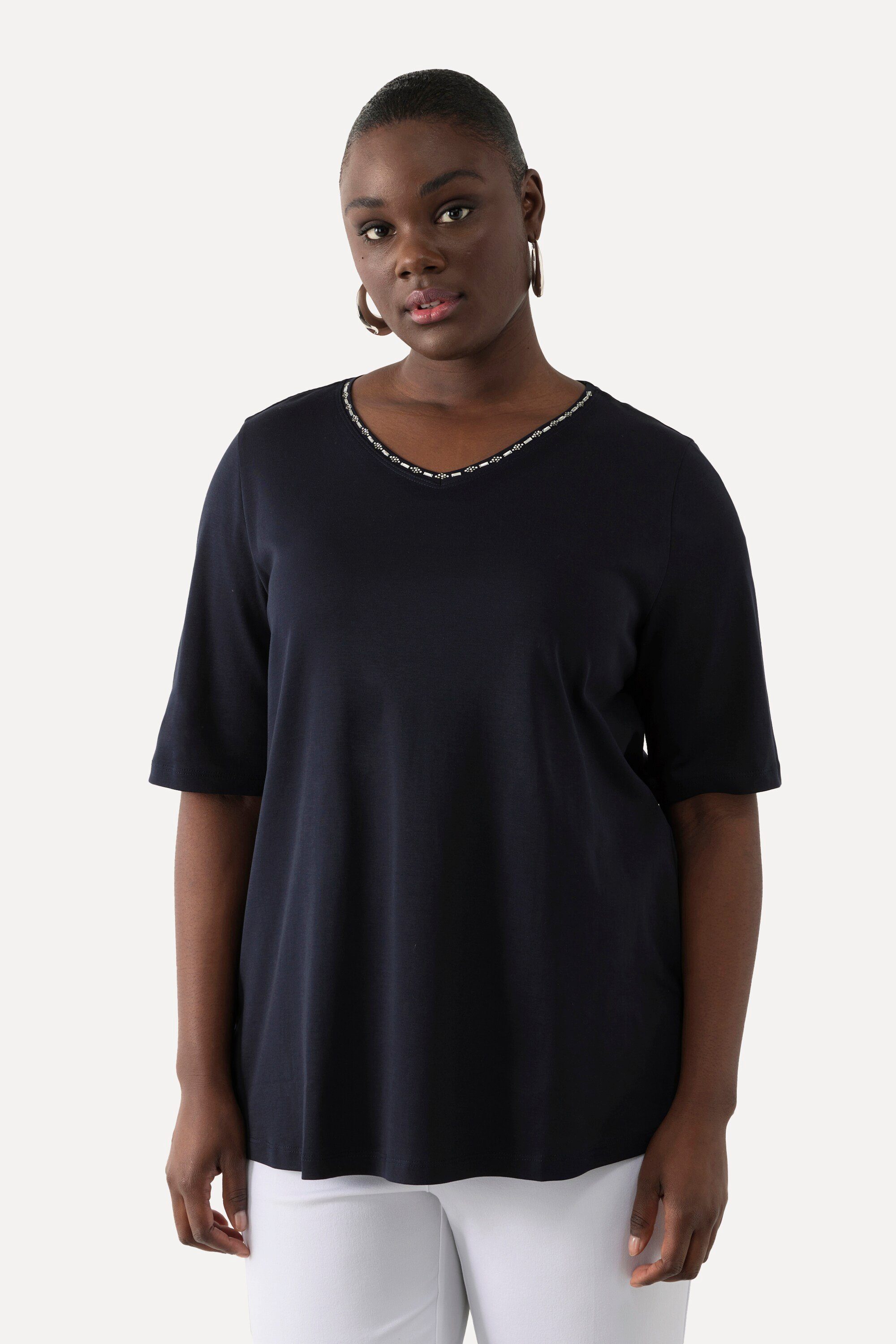 Ulla Popken T-Shirt T-Shirt A-Linie V-Ausschnitt günstig online kaufen